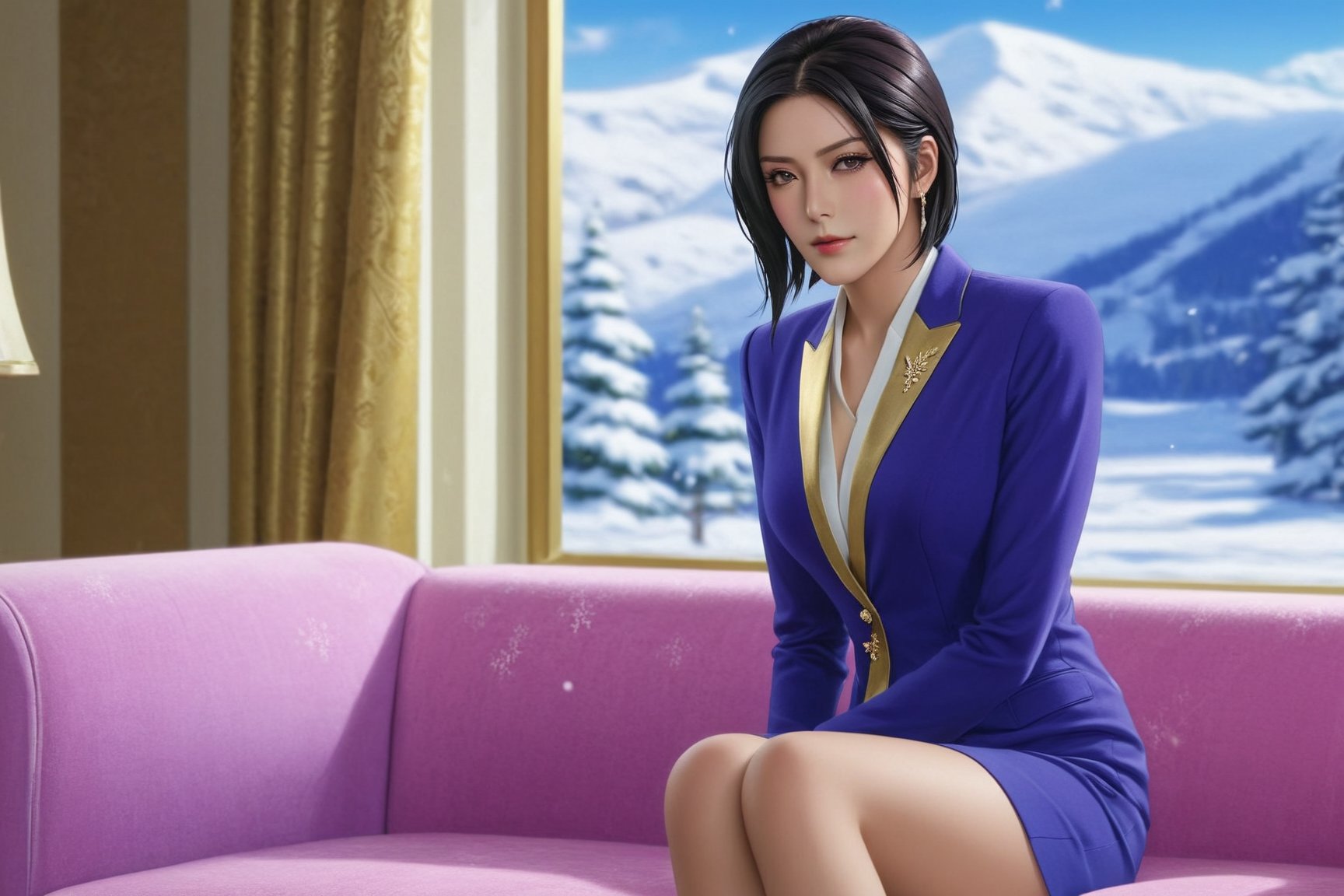 portrait of a sophisticated girl,20yo,sitting in the livingroom sofa of resort cabin,alluring neighbor's wife,clear facial features,detailed exquisite face,perfect female form,elegant jacket on shirt and short skirt,detailed backdrop,(Royal Blue,Lilac Blush,Gold Raspberry,Ivory color),
trending on artstation,perfect composition,cinematic lighting,(anime vibes:1.2),kuchiki rukia,real_booster, ani_booster,niji5,art_booster,(wide shot:1.4) 
BREAK
(Livingroom of cabin: table,sofa,TV on the wall,curtains,window,snow tree view outside window,luxurious interior:1.3), w1nter res0rt,(livingroom focus:1.3)