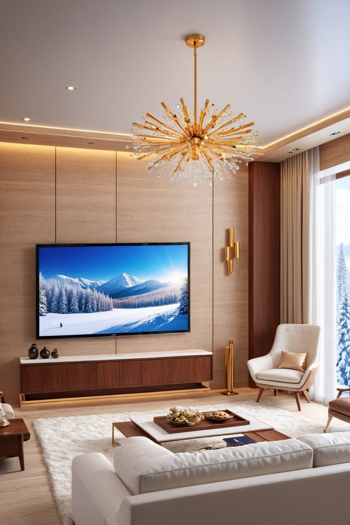 ((Hyper-Realistic)) photo of luxurious modern livingroom in a cabin of winter resort,indoors,
(luxurious furnitures:table,sofa,airconditioner,big screen TV,ceiling chandelier),curtains,window,snow,tree
BREAK
aesthetic,rule of thirds,depth of perspective,studio photo,trending on artstation,(Hyper-realistic photography,masterpiece,ultra-detailed,intricate details,16K,sharp focus,high contrast,kodachrome 800,HDR:1.2),by Antonio Lopez,Diego Koi,David Parrish,Canaletto and Samuel Silva,
w1nter res0rt,H effect,art_booster,ani_booster