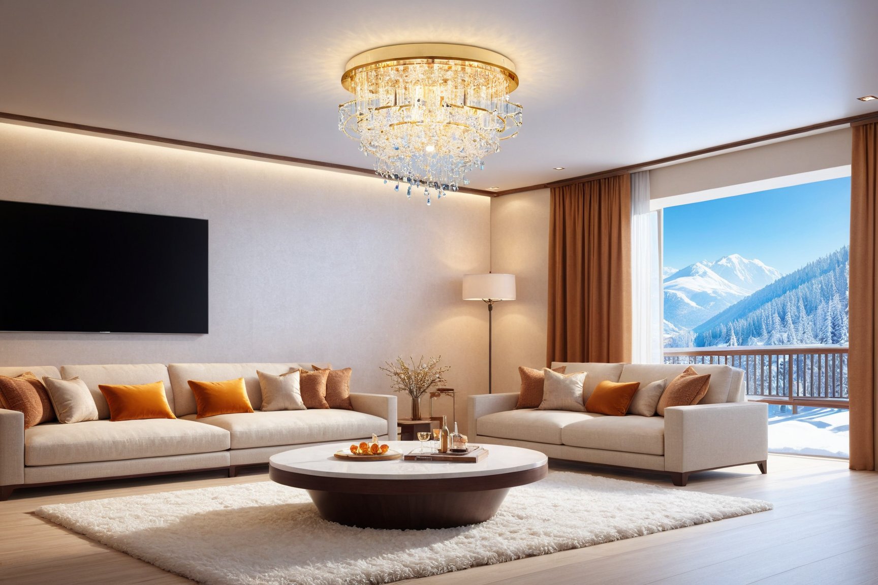 ((Hyper-Realistic)) photo of luxurious modern livingroom in a cabin of winter resort,indoors,
(luxurious furnitures:table,sofa,airconditioner,big screen TV,ceiling chandelier),curtains,window,snow,tree
BREAK
aesthetic,rule of thirds,depth of perspective,studio photo,trending on artstation,(Hyper-realistic photography,masterpiece,ultra-detailed,intricate details,16K,sharp focus,high contrast,kodachrome 800,HDR:1.2),by Antonio Lopez,Diego Koi,David Parrish,Canaletto and Samuel Silva,
w1nter res0rt,H effect,art_booster,ani_booster