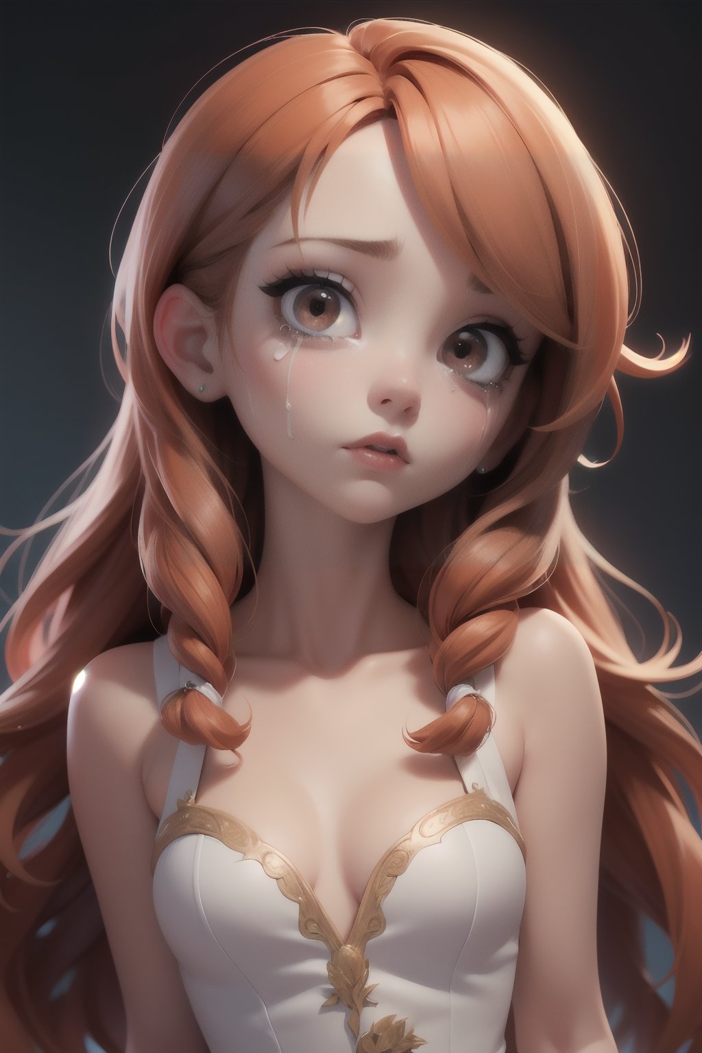 , mascara, heavy makeup, mascaraTears, runny makeup, tears,, masterpiece, best quality, absurdres, highres, 4k, ray tracing, intricate details, highly detailed, (1girl:perfect face, cute, small breasts, long ginger hair, petite)