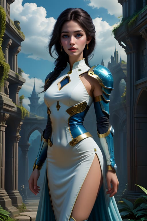 whitelightblue, 1girl, solo, long hair, breasts, looking at viewer, blue eyes, thighhighs, dress, jewelry, closed mouth, standing, braid, cowboy shot, boots, earrings, outdoors, parted lips, sky, detached sleeves, sleeveless, day, cloud, armor, clothing cutout, covered navel, plant, armlet, building, side slit, pauldrons, realistic, pelvic curtain, nose, vambraces, pillar,<lora:659111690174031528:1.0>