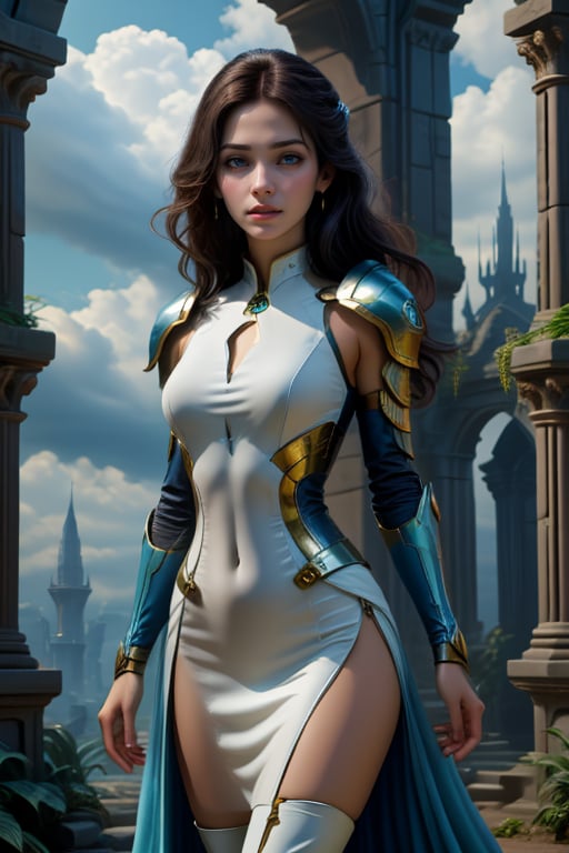 whitelightblue, 1girl, solo, long hair, breasts, looking at viewer, blue eyes, thighhighs, dress, jewelry, closed mouth, standing, cowboy shot, boots, earrings, outdoors, parted lips, sky, detached sleeves, sleeveless, day, cloud, armor, covered navel, plant, building, side slit, pauldrons, realistic, nose, vambraces, pillar,<lora:659111690174031528:1.0>