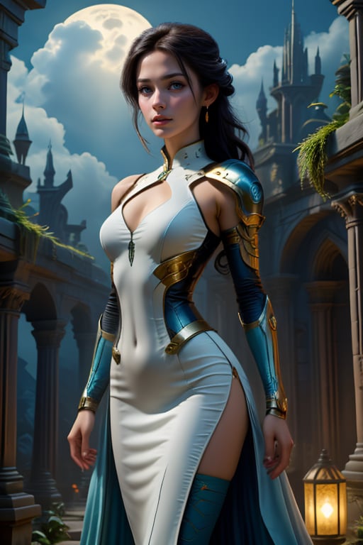 whitelightblue, 1girl, solo, long hair, breasts, looking at viewer, blue eyes, thighhighs, cleavage, dress, bare shoulders, jewelry, closed mouth, standing, braid, cowboy shot, boots, earrings, outdoors, parted lips, sky, detached sleeves, sleeveless, day, cloud, armor, clothing cutout, covered navel, night, moon, plant, armlet, building, column, side slit, lantern, pauldrons, realistic, pelvic curtain, nose, vambraces, pillar, architecture,<lora:659111690174031528:1.0>