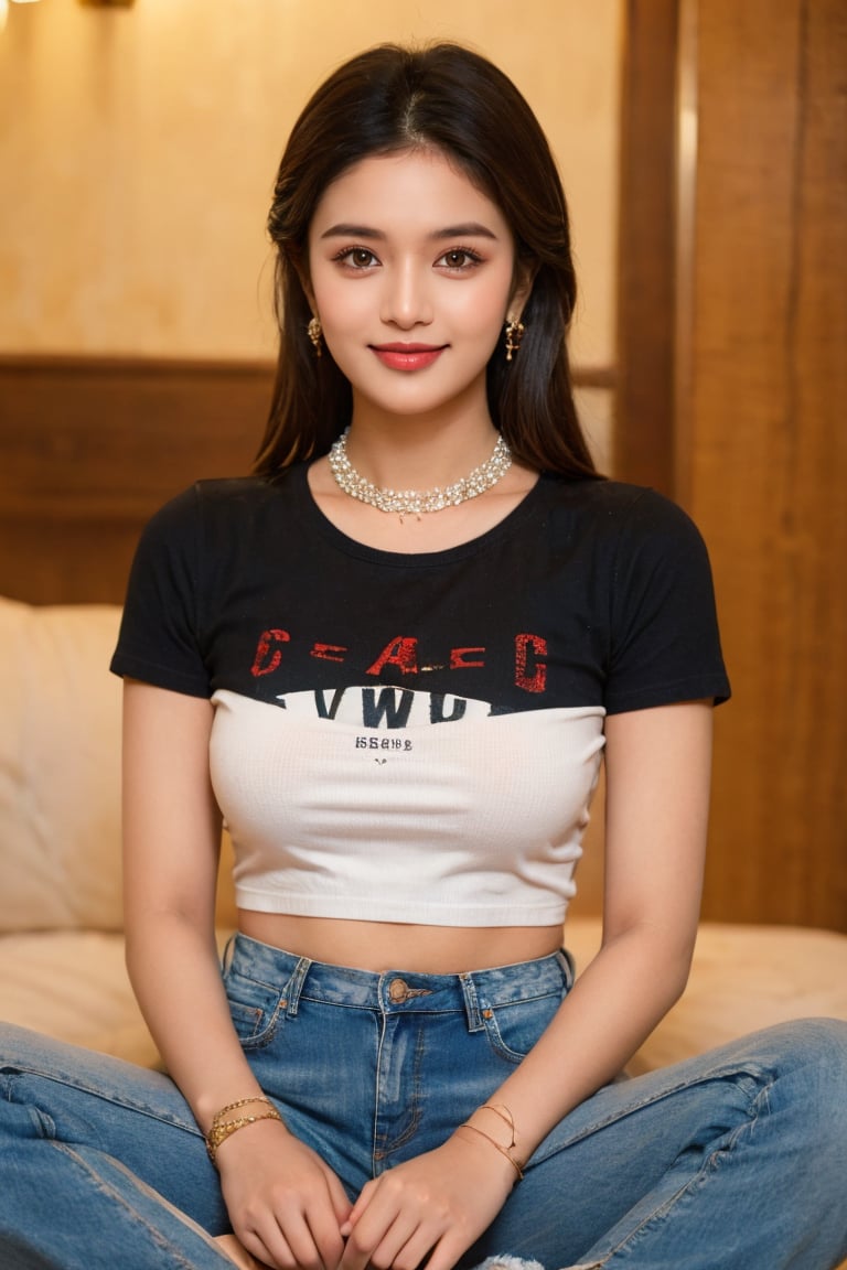 1girl, solo, long hair, looking at viewer, smile, shirt, black hair, jewelry, sitting, short sleeves, pants, dark skin, bracelet, facial hair, denim, jeans, realistic, @imageized