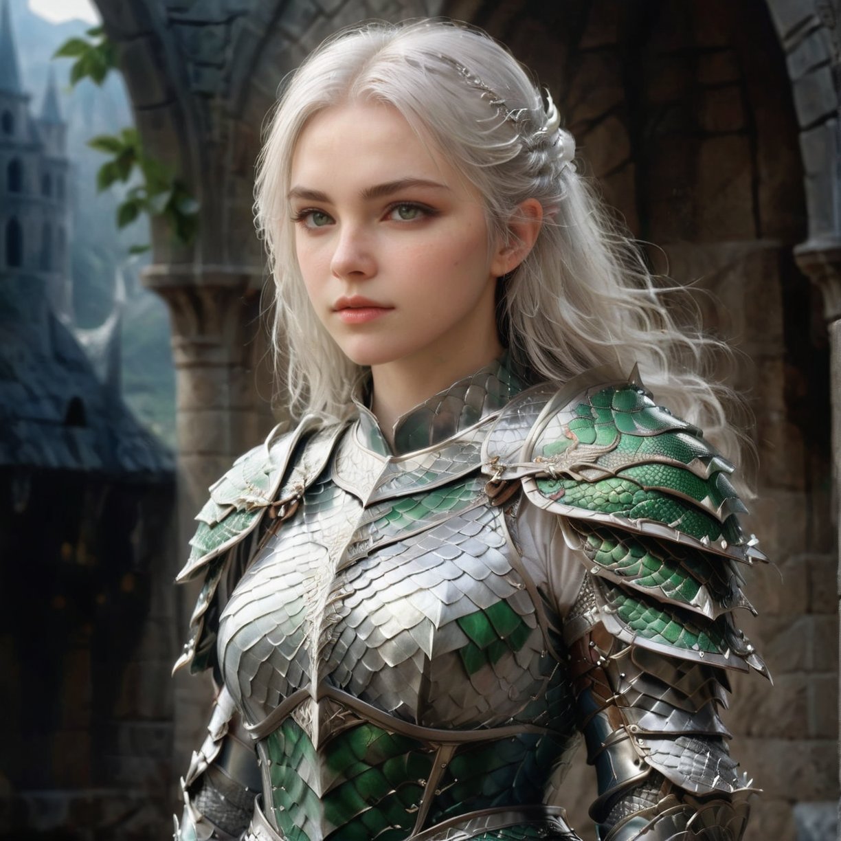 European style, fantasy, solo, cute girl, wearing dragon armor, white & silver long hair, faithing,, ruins background,(upper body:1.5) , (masterpiece), (best quality), (ultra-detailed), (an extremely delicate and beautiful), ((textile shading)), (caustics), (((sharp focus))),dragon armor,more detail XL