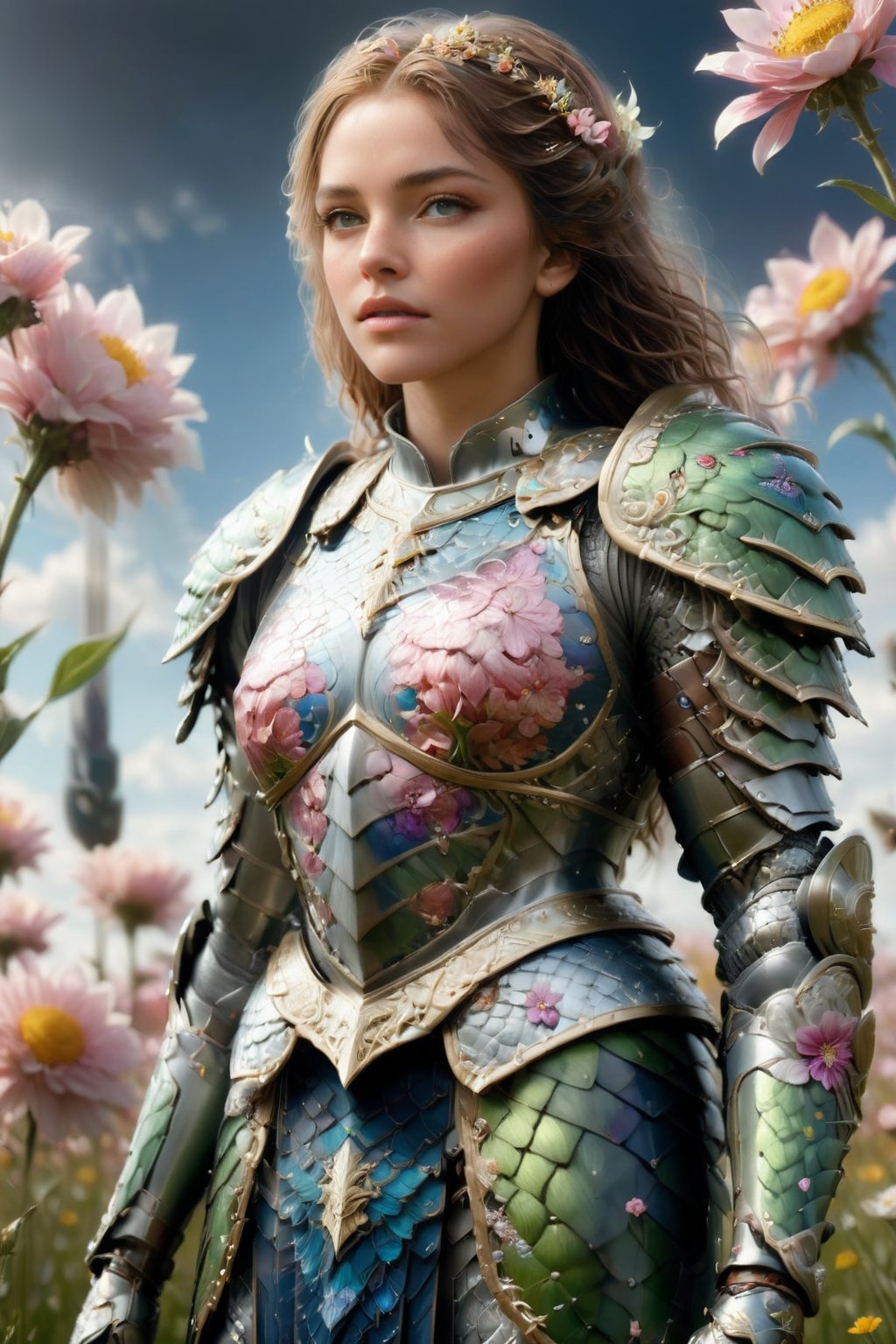 hyperrealistic full length portrait of gorgeous goddess | standing in field full of flowers | detailed gorgeous face!! | upper body!! | dragon armor | god rays | intricate | elegant | realistic | hyperrealistic | cinematic | character design | concept art | highly detailed | illustration | digital art | digital painting | depth of field,dragon armor,more detail XL