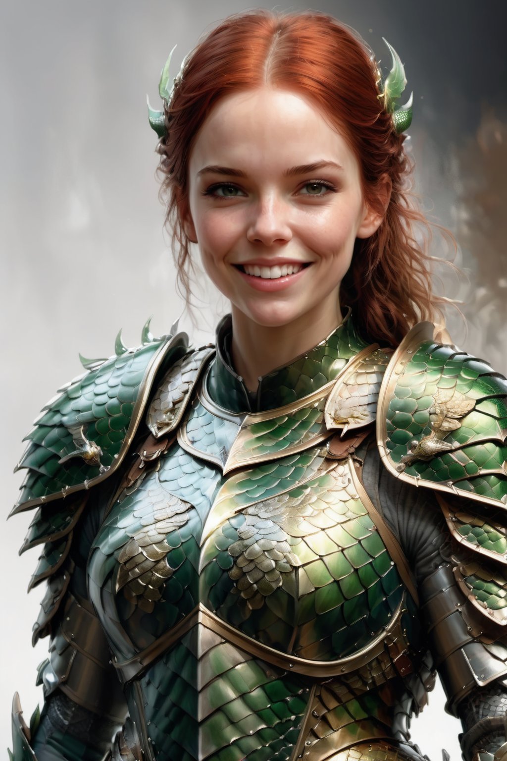 digital illustration of female american soldier,wearing dragon armor, masterpiece, smile, comic style, pale  skin, perfect anatomy, centered, approaching perfection, dynamic, highly detailed, artstation, concept art, smooth, sharp focus, illustration, art by Carne Griffiths and Wadim Kashin,
rule of thirds, expressive impossible pose, ,dragon armor,more detail XL