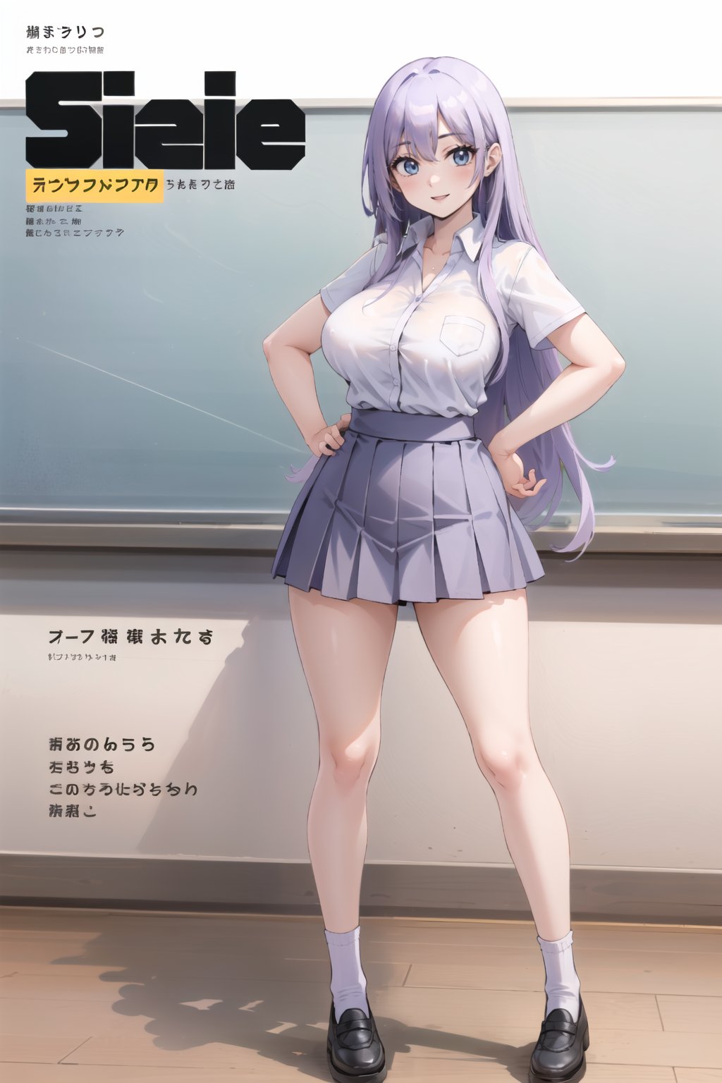 olivia,studio,school_uniform, full body, large breasts, large hips, light purple hair,short torso, long hair, blue eyes,classroom, smile, white shirt, standing,short sleeves, grey skirt, white socks, brown shoes, sexy pose, ((magazine cover))<lora:EMS-3262-EMS:1.000000>, <lora:EMS-286573-EMS:0.800000>