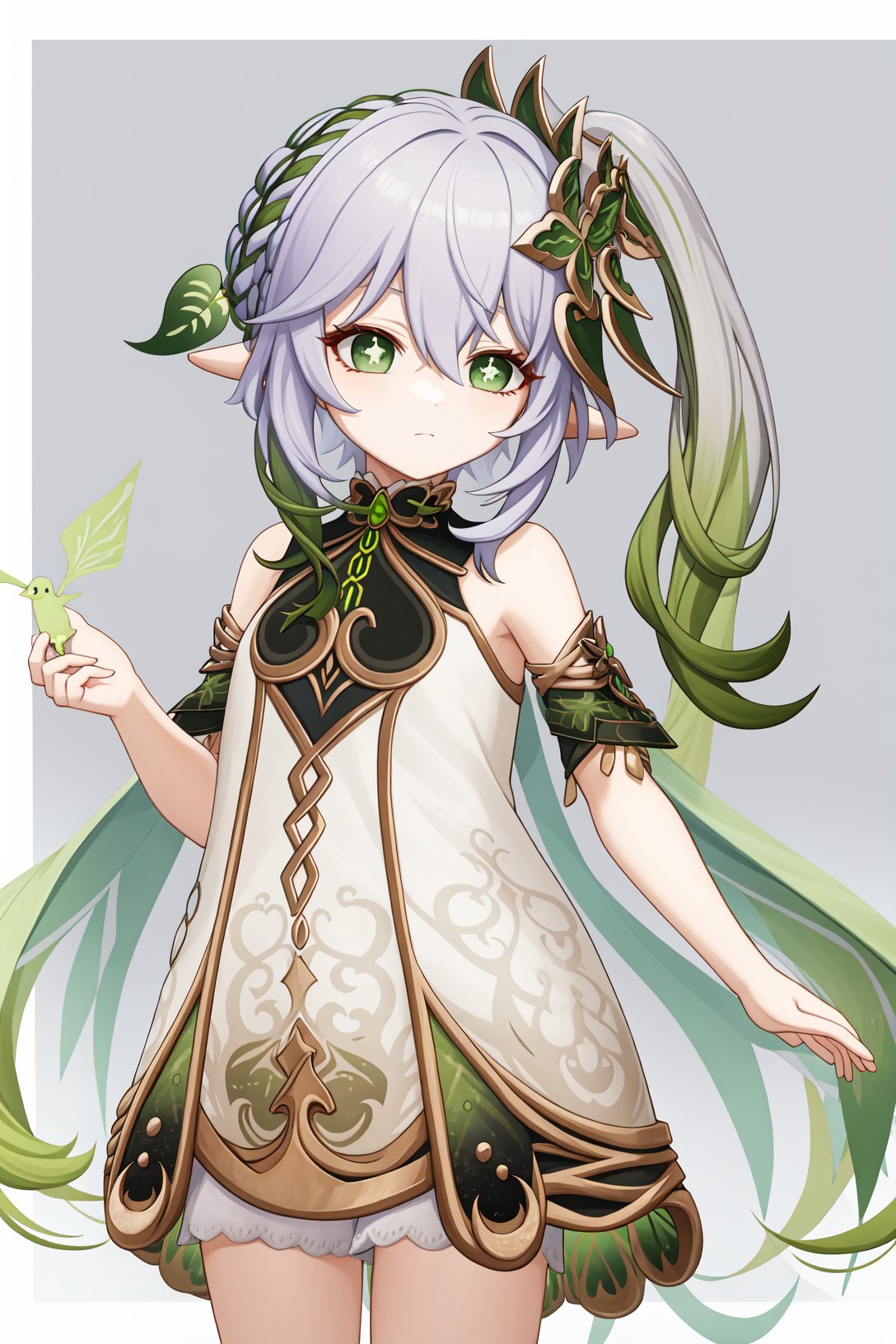 <lora:纳西妲2-000009:1>,a girl named nahida,nahida,pointy ears,bangs,1girl,white hair,hair ornament,gradient hair,symbol-shaped pupils,green hair,white dress,jewelry,green eyes,detached sleeves,leaf hair ornament,<lora:genshinImpactModel_v10:0.3:lbw=char>,, 1girl,,  (masterpiece,best quality:1.2),absurdres