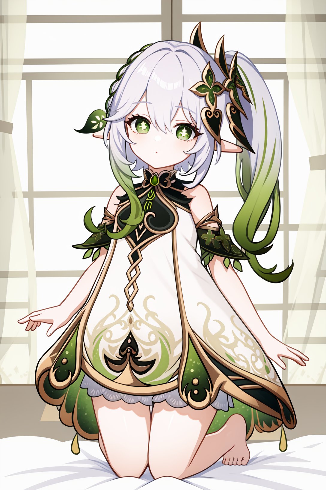 <lora:纳西妲2-000009:1>,a girl named nahida,nahida,pointy ears,bangs,1girl,white hair,hair ornament,gradient hair,symbol-shaped pupils,green hair,white dress,jewelry,green eyes,detached sleeves,leaf hair ornament,<lora:genshinImpactModel_v10:0.3:lbw=MIDD>,indoors,kneeling, 1girl,,  (masterpiece,best quality:1.2),absurdres