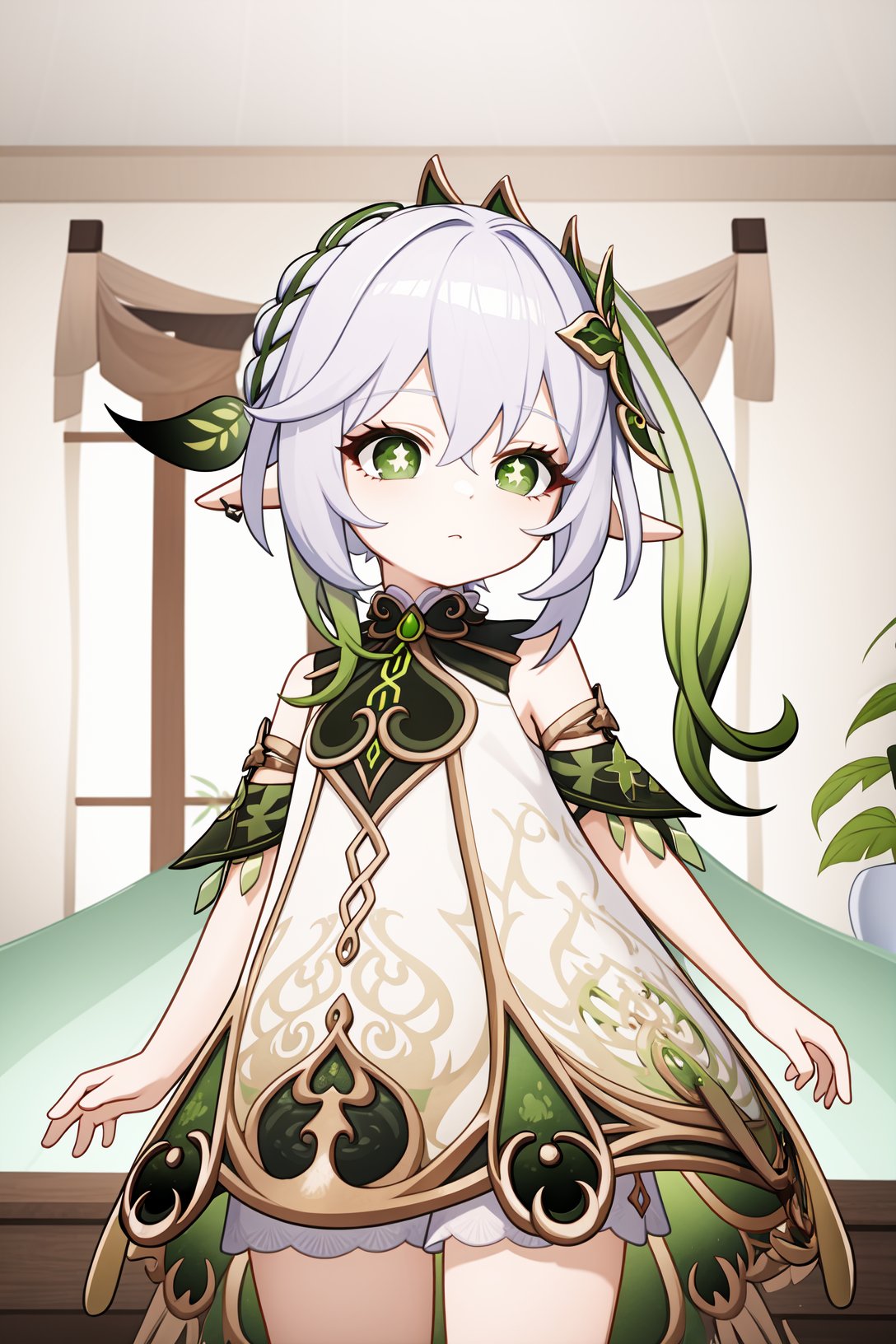 <lora:纳西妲2-000009:1>,a girl named nahida,nahida,pointy ears,bangs,1girl,white hair,hair ornament,gradient hair,symbol-shaped pupils,green hair,white dress,jewelry,green eyes,detached sleeves,leaf hair ornament,<lora:genshinImpactModel_v10:0.3:lbw=MIDD>,indoors, 1girl,,  (masterpiece,best quality:1.2),absurdres