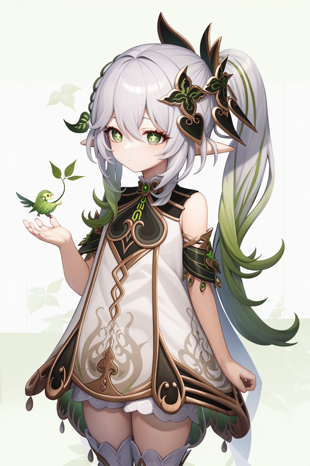 <lora:纳西妲2-000009:1>,a girl named nahida,nahida,pointy ears,bangs,1girl,white hair,hair ornament,gradient hair,symbol-shaped pupils,green hair,white dress,jewelry,green eyes,detached sleeves,leaf hair ornament,, 1girl,,  (masterpiece,best quality:1.2),absurdres