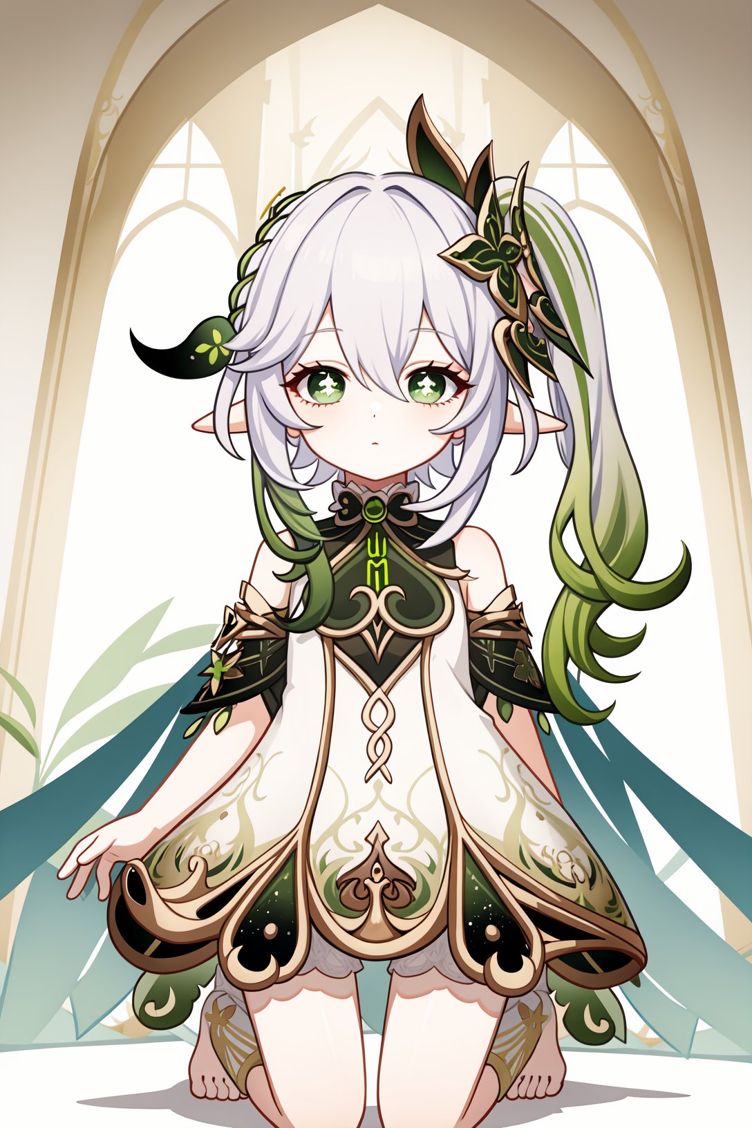 <lora:纳西妲2-000009:1>,a girl named nahida,nahida,pointy ears,bangs,1girl,white hair,hair ornament,gradient hair,symbol-shaped pupils,green hair,white dress,jewelry,green eyes,detached sleeves,leaf hair ornament,<lora:genshinImpactModel_v10:0.3:lbw=MIDD>,indoors,kneeling, 1girl,,  (masterpiece,best quality:1.2),absurdres