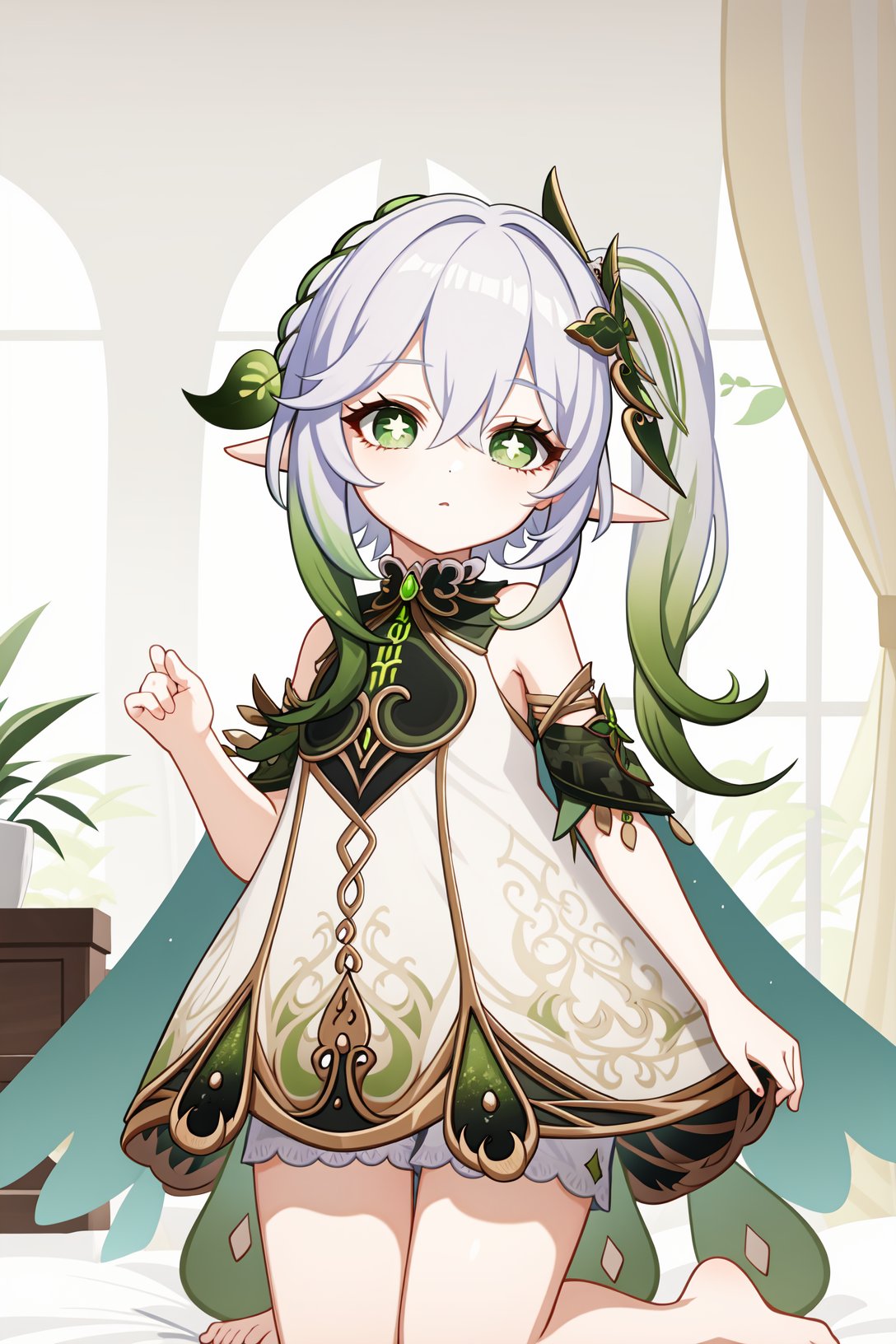 <lora:纳西妲2-000009:1>,a girl named nahida,nahida,pointy ears,bangs,1girl,white hair,hair ornament,gradient hair,symbol-shaped pupils,green hair,white dress,jewelry,green eyes,detached sleeves,leaf hair ornament,<lora:genshinImpactModel_v10:0.3:lbw=MIDD>,indoors,kneeling, 1girl,,  (masterpiece,best quality:1.2),absurdres