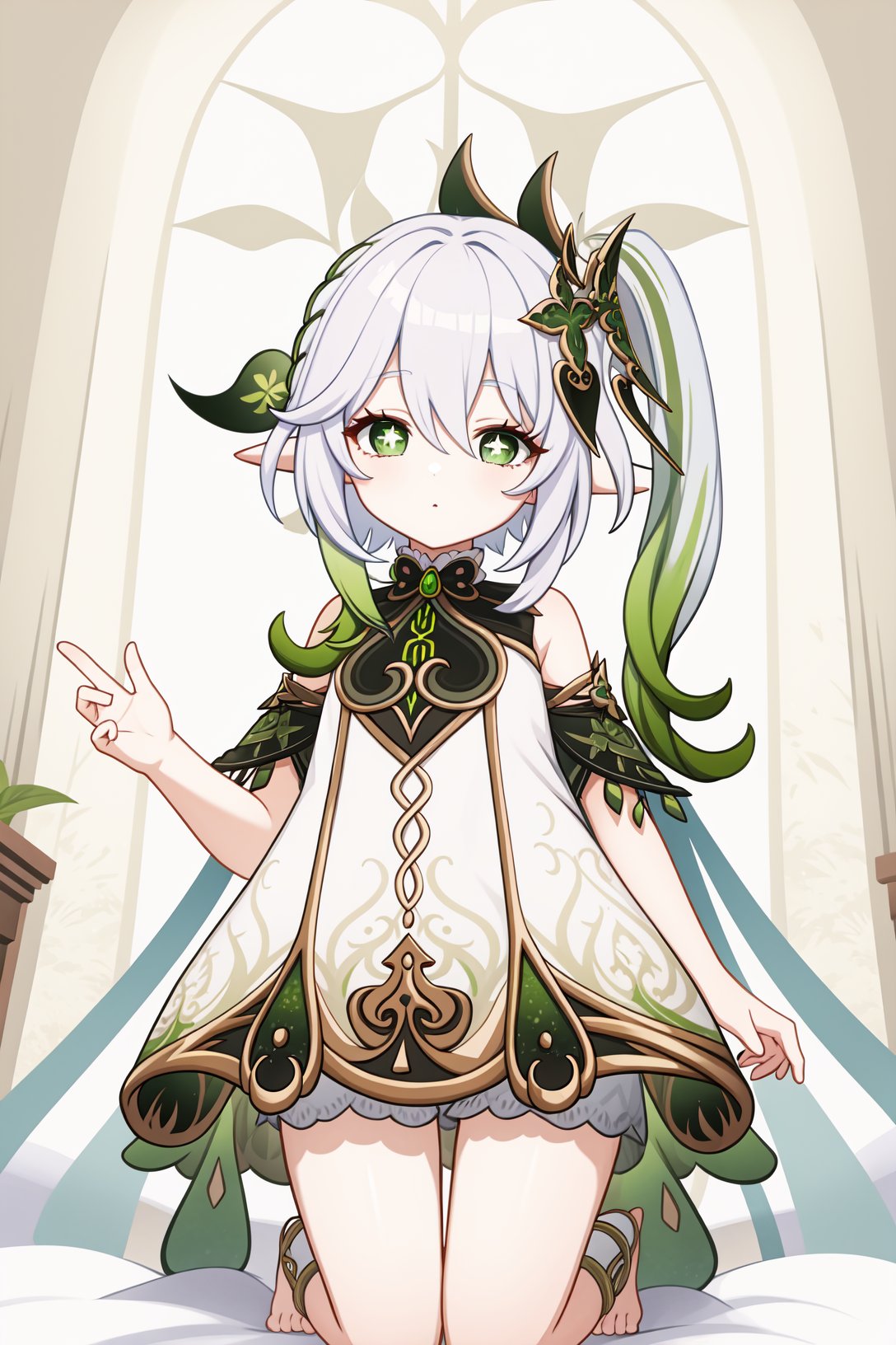 <lora:纳西妲2-000009:1>,a girl named nahida,nahida,pointy ears,bangs,1girl,white hair,hair ornament,gradient hair,symbol-shaped pupils,green hair,white dress,jewelry,green eyes,detached sleeves,leaf hair ornament,<lora:genshinImpactModel_v10:0.3:lbw=MIDD>,indoors,kneeling,, 1girl,,  (masterpiece,best quality:1.2),absurdres