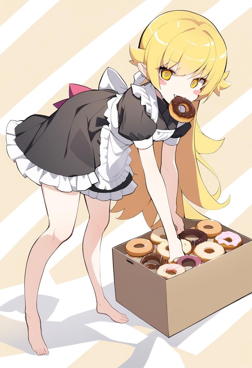 1girl, oshino shinobu, apron, back bow, bent over, black dress, blonde hair, blush stickers, body blush, bow, box, breasts, doughnut, dress, enmaided, fang, feet out of frame, flipped hair, food, food in mouth, frilled apron, frills, full body, hair between eyes, hair flaps, holding, holding box, knee blush, leaning forward, long hair, looking at viewer, maid, maid apron, mouth hold, pastry box, pointy ears, ponytail, puffy short sleeves, puffy sleeves, ringed eyes, short sleeves, sidelocks, small breasts, solo, striped background, waist apron, white apron, yellow eyes, <lora:Char - Oshino Shinobu - v1 - Bionagato>