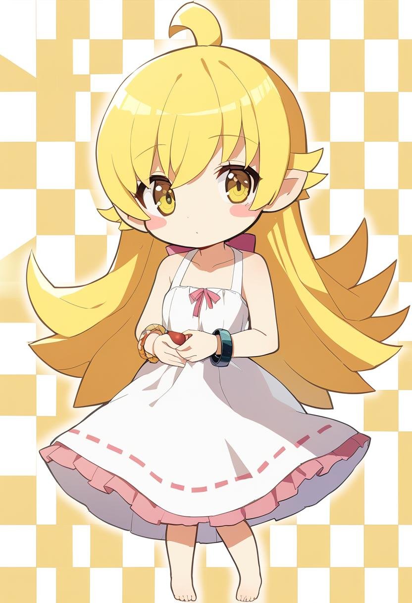 1girl, oshino shinobu, long hair, blonde hair, solo, yellow eyes, dress, barefoot, blush stickers, jewelry, pointy ears, bracelet, white dress, checkered background, looking at viewer, full body, bare shoulders, <lora:Char - Oshino Shinobu - v1 - Bionagato>