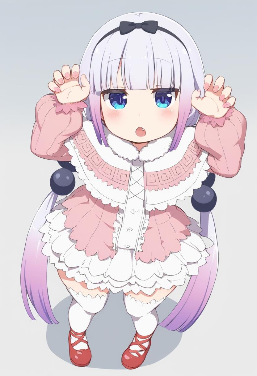 1girl, kanna kamui, :o, bag, black bow, black hairband, blue eyes, blunt bangs, blush, bow, capelet, claw pose, dress, fang, female focus, full body, hair bow, hairband, hands up, leaning forward, long hair, looking at viewer, open mouth, parted lips, pink dress, purple hair, red footwear, shadow, shoes, solo, standing, thighhighs, very long hair, white capelet, white thighhighs, <lora:Char - Kanna Kamui - v1 - Bionagato:1>