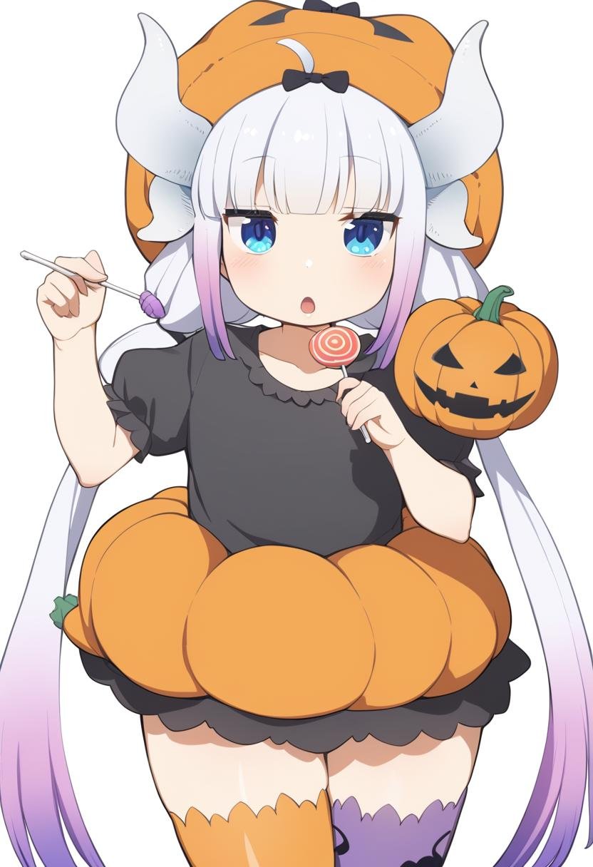 1girl, kanna kamui, animal print, bat print, black shirt, blue eyes, candy, dragon girl, dragon horns, flat chest, food, gradient hair, halloween, hat, holding, holding candy, holding food, horns, long hair, low twintails, multicolored hair, open mouth, orange headwear, orange thighhighs, print thighhighs, pumpkin hat, purple hair, shirt, short sleeves, thighhighs, twintails, white hair, white horns, <lora:Char - Kanna Kamui - v1 - Bionagato:1>