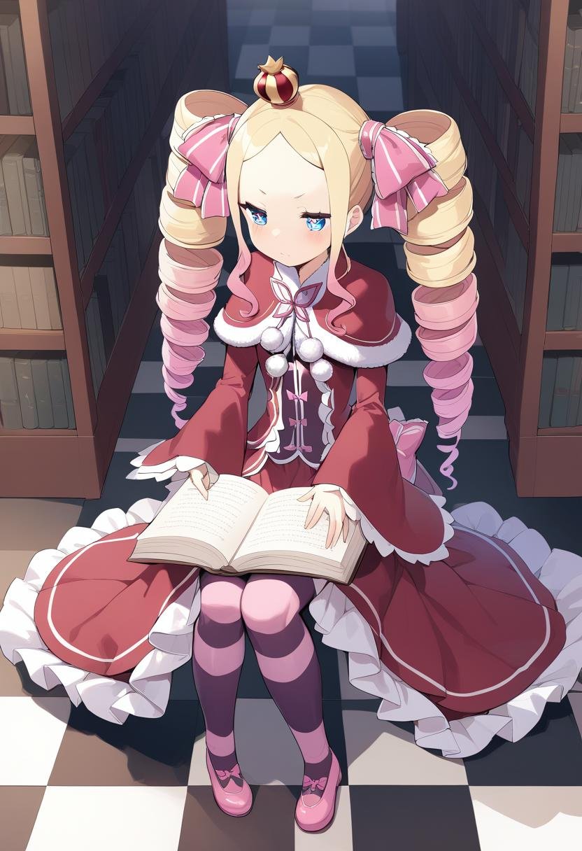 1girl, beatrice \(re:zero\), mini crown, twin drills, drill hair, book, crown, blonde hair, solo, symbol-shaped pupils, long hair, striped pantyhose, sitting, blue eyes, capelet, striped, dress, sidelocks, fur trim, pantyhose, checkered floor, ribbon, fur-trimmed capelet, hair ribbon, bookshelf, indoors, teacup, twintails, open book, holding, pink hair, long sleeves, multicolored hair, book stack, teapot, pink ribbon, reading, red dress, red capelet, cup, full body, shoes, library, frills, pom pom \(clothes\), bow, gradient hair, bangs, closed mouth, pink bow, holding book, pink footwear, wide sleeves, frilled dress, masterpiece, best quality, <lora:Char - Beatrice (rezero) - v0.8 - Bionagato>