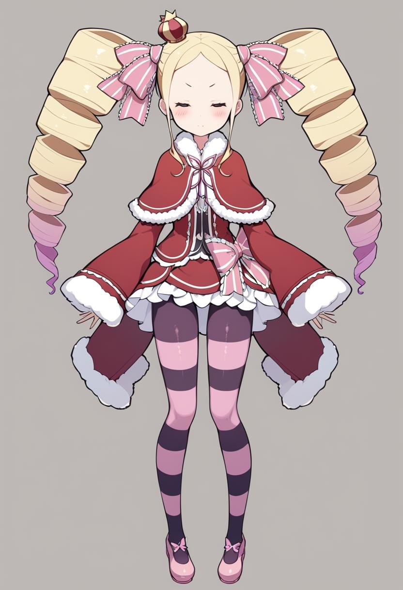 1girl, beatrice \(re:zero\), blonde hair, bow, capelet, closed eyes, closed mouth, crown, drill hair, facing viewer, full body, fur-trimmed capelet, fur trim, grey background, hair bow, jacket, long sleeves, mini crown, neck ribbon, pantyhose, parted bangs, pink bow, pink footwear, prmsub, purple pantyhose, red jacket, ribbon, shoes, simple background, solo, standing, striped pantyhose, twin drills, twintails, masterpiece, best quality, <lora:Char - Beatrice (rezero) - v0.8 - Bionagato:1> 