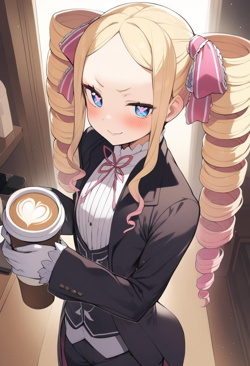 1girl, beatrice \(re:zero\), blonde hair, blue eyes, blush, butler, coffee, coffee cup, cup, disposable cup, drill hair, female butler, gloves, indoors, long hair, looking at viewer, ribbon, sidelocks, smug, solo, symbol-shaped pupils, masterpiece, best quality, <lora:Char - Beatrice (rezero) - v0.8 - Bionagato:1> 