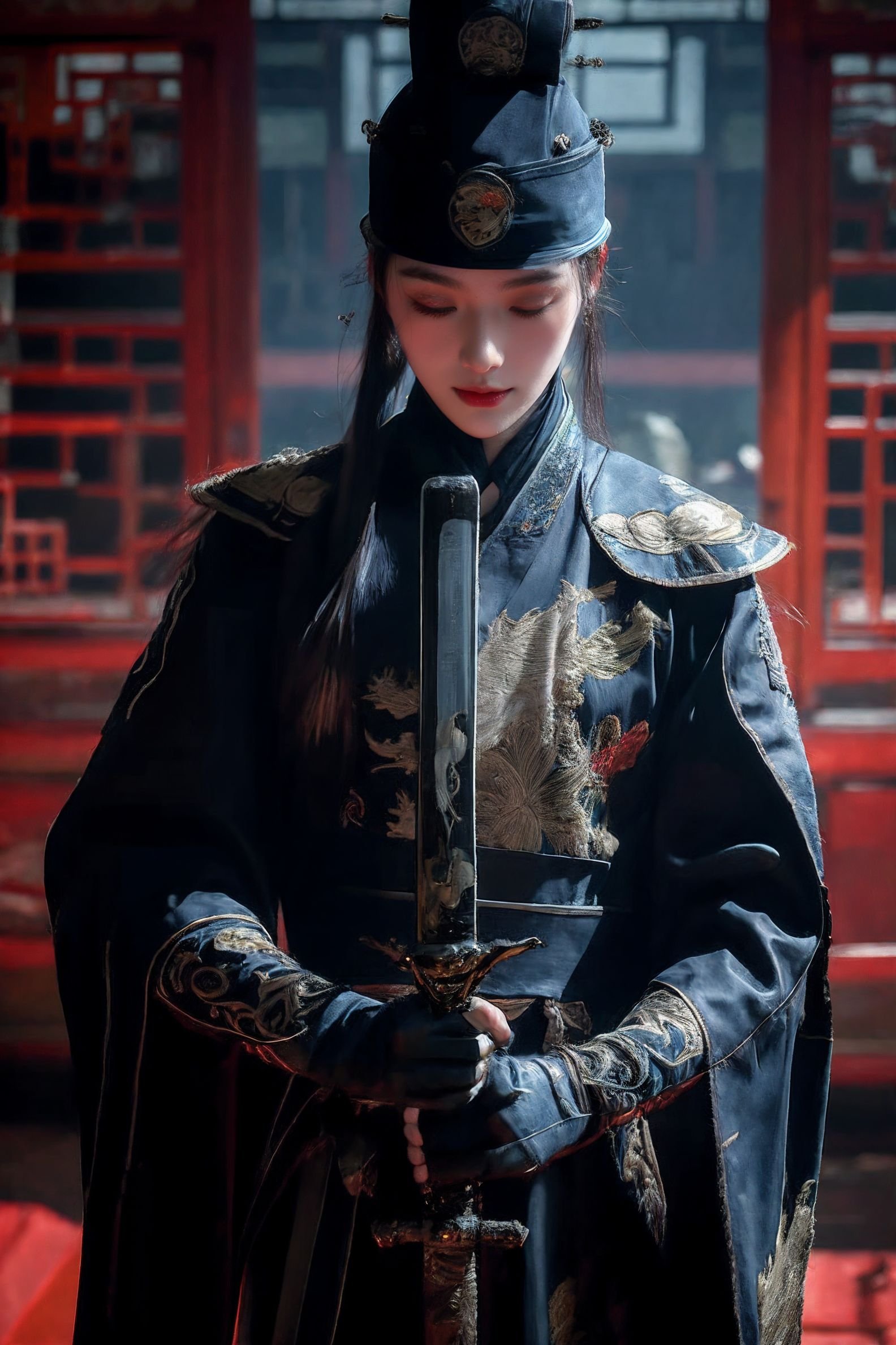 xuer Embroidered Uniform Guard,solo,hat,holding sword,closed eyes,1girl,architecture,closed mouth,east asian architecture,gloves,facing viewer,artist name,<lora:绪儿-锦衣卫 xuer Embroidered Uniform Guard:0.8>,