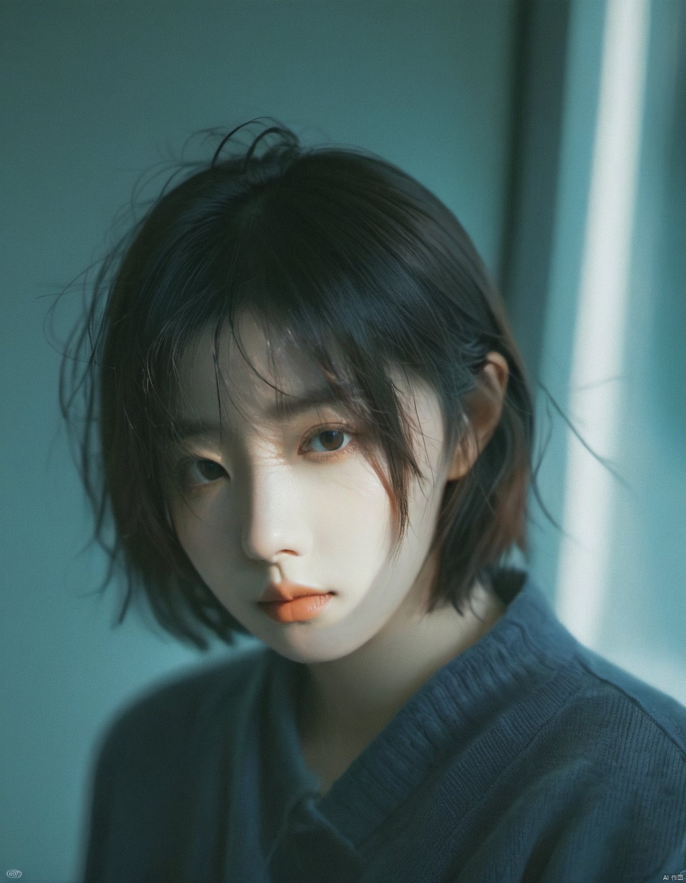  a young woman,looking at the camera,posing,ulzzang,naver fanpop,ffffound,streaming on twitch,character album cover,blues moment,style of Alessio Albi,daily wear,moody lighting,appropriate comparison of cold and warm,reality,
