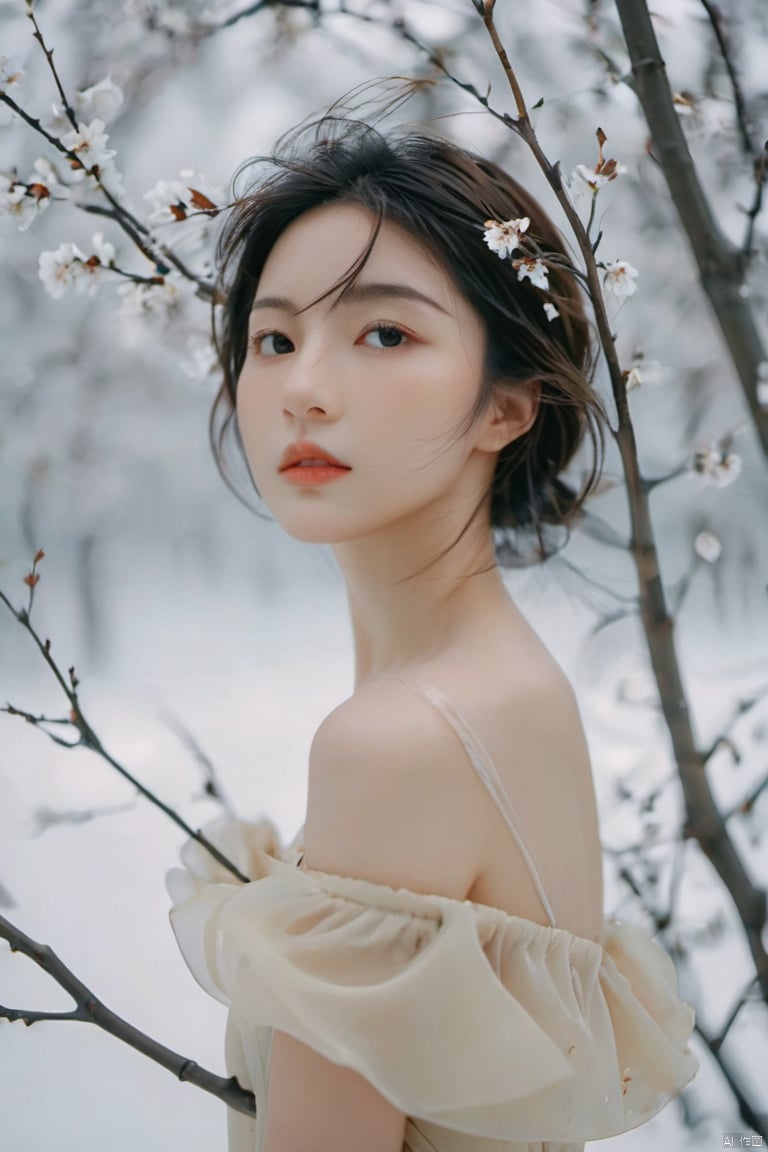  cinematic photo Photography style, master masterpiece, super detail, 1 young girl, model, delicate face, off shoulder, withered branches around, perfect body, white background, analog film, HD, 8k . 35mm photograph, film, bokeh, professional, 4k, highly detailed