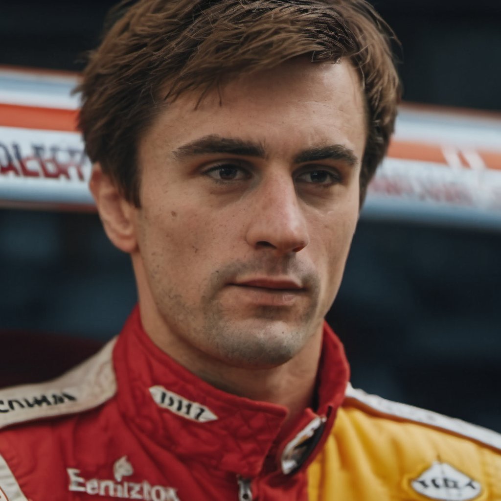 ot young adult man, dilf, burly, outdoor, hairy, incel, mutton chops, handsome, short hair, sex offender, wolf eyes, thick eyebrows, Charles Leclerc, handsome, sideburns, 1970s (style), realistic, cinematic lighting, 8k, wearing red yellow F1 racing uniform, branded nomex suit, scruffy face

8k, cinematic lighting, very dramatic, very artistic, soft aesthetic, innocent, art by john singer sargent, greg rutkowski, Camera settings to capture such a vibrant and detailed image would likely include: Canon EOS 5D Mark IV, Lens: 85mm f/1.8, f/4.0, ISO 100, 1/500 sec