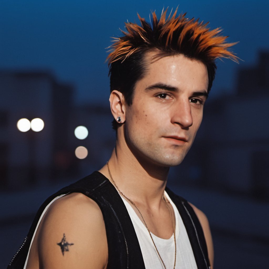 hot young adult rockstar man, handsome, thick eyebrows, spiky hair, bleach, hairy, tattoos more natural, softer look into 90s/2000s futurism, with an urban twist. realistic, cinematic lighting, 8k, Gen X Soft Club, cybercore, Lomo effect, trainspotting, 1990s (style), wearing sleeveless muscle shirt, Jean-Pierre Leaud, grunge