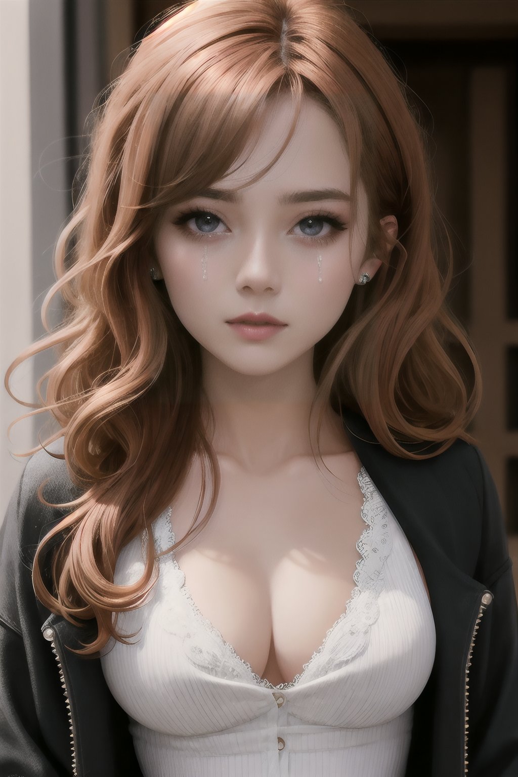 mascara, heavy makeup, mascaraTears, runny makeup, tears,, masterpiece, best quality, absurdres, highres, 4k, ray tracing, intricate details, highly detailed, (1girl:perfect face, cute, small breasts, long ginger hair, petite)