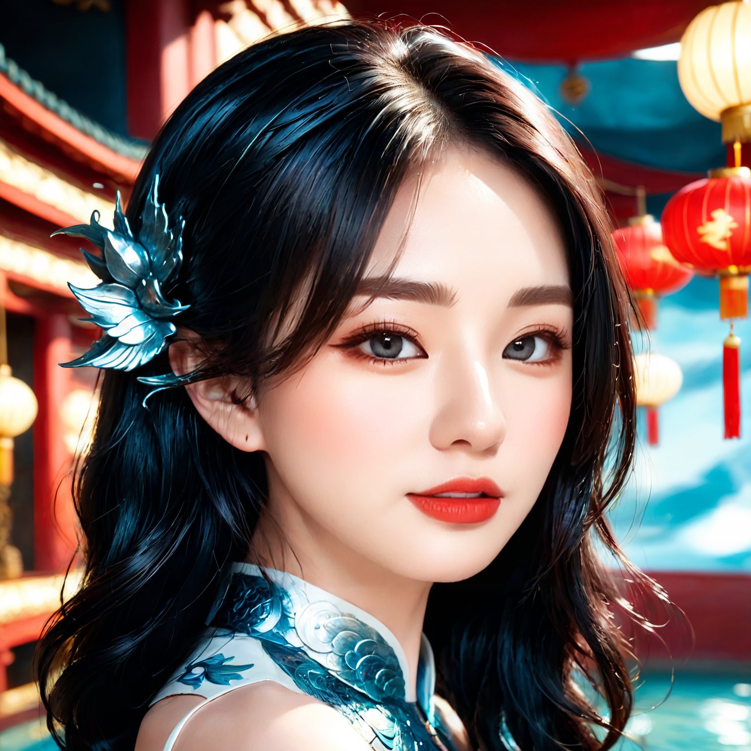 (masterpiece, high quality:1.5), 8K, HDR, 1girl, well_defined_face, well_defined_eyes, ultra_detailed_eyes, ultra_detailed_face, by FuturEvoLab, ethereal lighting, immortal, elegant, porcelain skin, jet-black hair, waves, pale face, ice-blue eyes, blood-red lips, pinhole photograph, retro aesthetic, monochromatic backdrop, mysterious, enigmatic, timeless allure, the siren of the night, secrets, longing, hidden dangers, captivating, nostalgia, timeless fascination, smile, ,Exquisite face,Mecha,Chinese Dragon