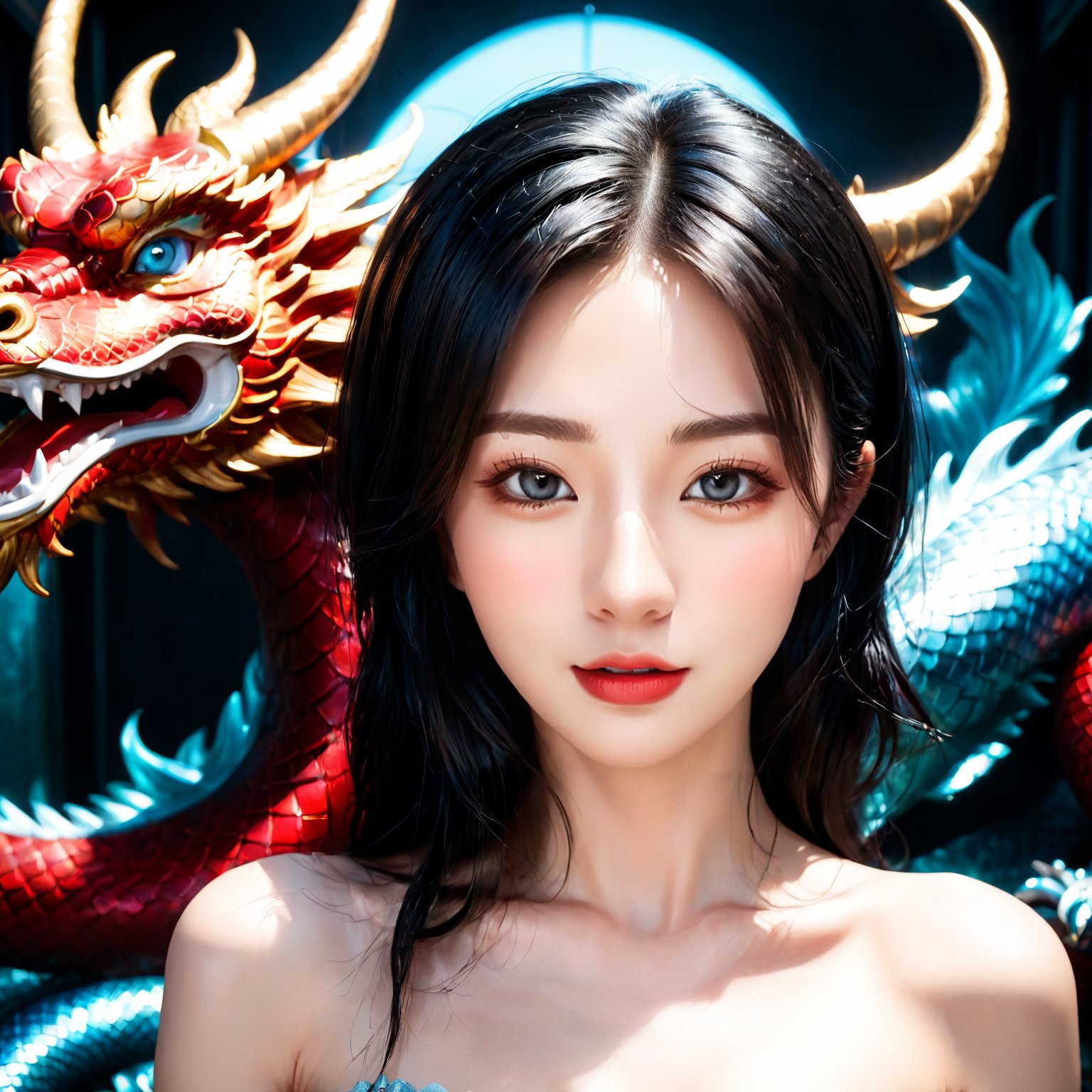 (masterpiece, high quality:1.5), 8K, HDR, 1girl, well_defined_face, well_defined_eyes, ultra_detailed_eyes, ultra_detailed_face, by FuturEvoLab, ethereal lighting, immortal, elegant, porcelain skin, jet-black hair, waves, pale face, ice-blue eyes, blood-red lips, pinhole photograph, retro aesthetic, monochromatic backdrop, mysterious, enigmatic, timeless allure, the siren of the night, secrets, longing, hidden dangers, captivating, nostalgia, timeless fascination, smile, ,Exquisite face,Mecha,Chinese Dragon