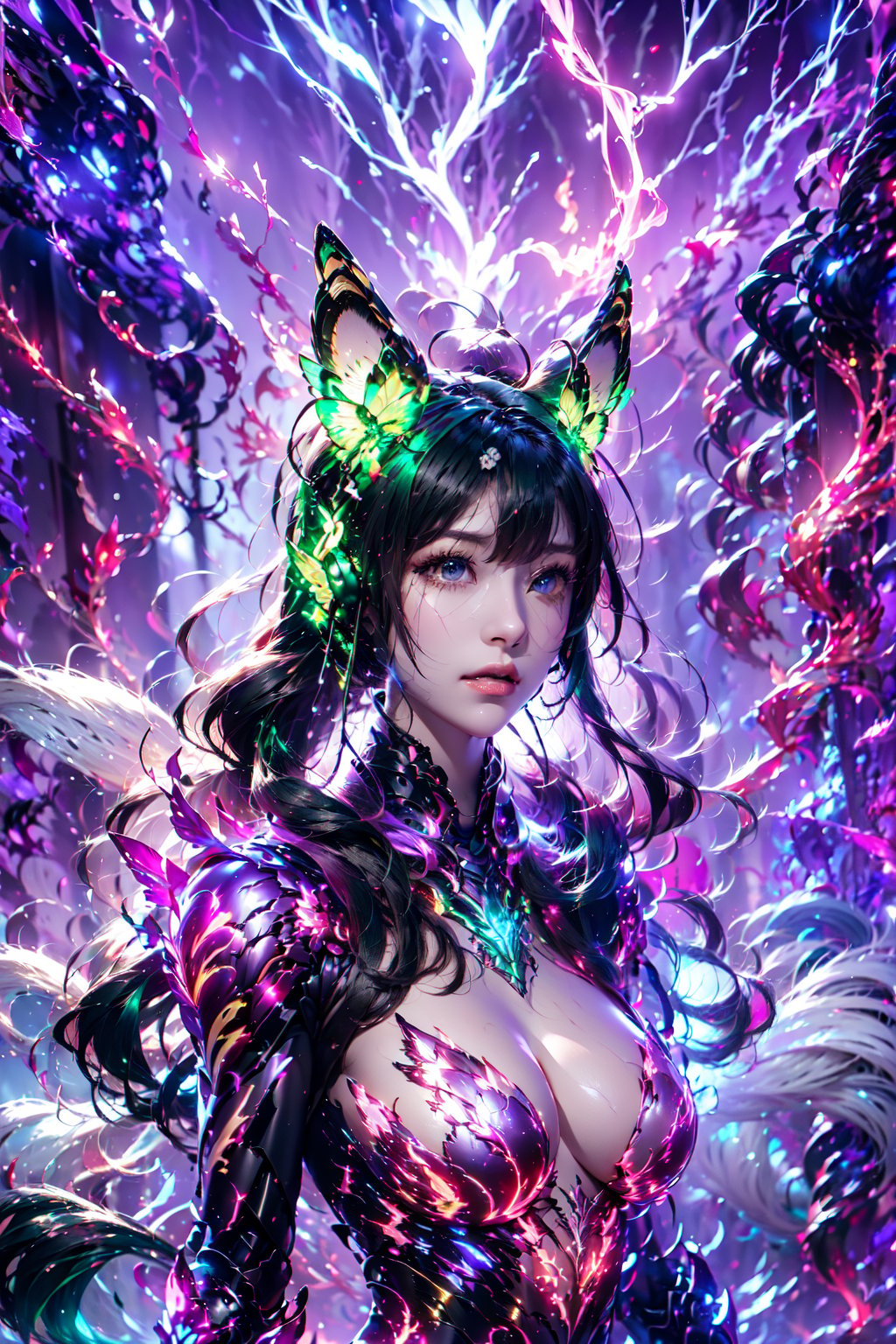 Fujifilm,  ((ice rain)), ((fox ears)), ((funning)), {beautiful and detailed eyes},  upper body,  natural and soft light,  delicate facial features,  ((lightning butterfly)),  ((moonlight)),  ((holy light)). ((green fire)), ((purple lightning)), (28yo),<lora:EMS-287217-EMS:1.000000>