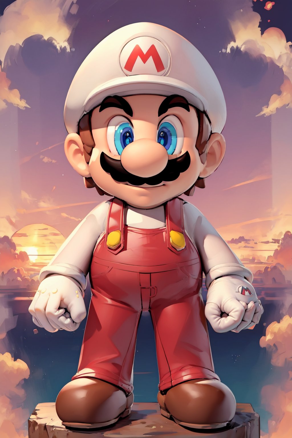 MARifire, brown hair, gloves, 1boy, solo, male focus, hat, facial hair, mustache, overalls, white gloves, blue eyes, upper body,brown hair, purple sky, moon croissant, purple clouds, sunrise, scnenery, brown footwear