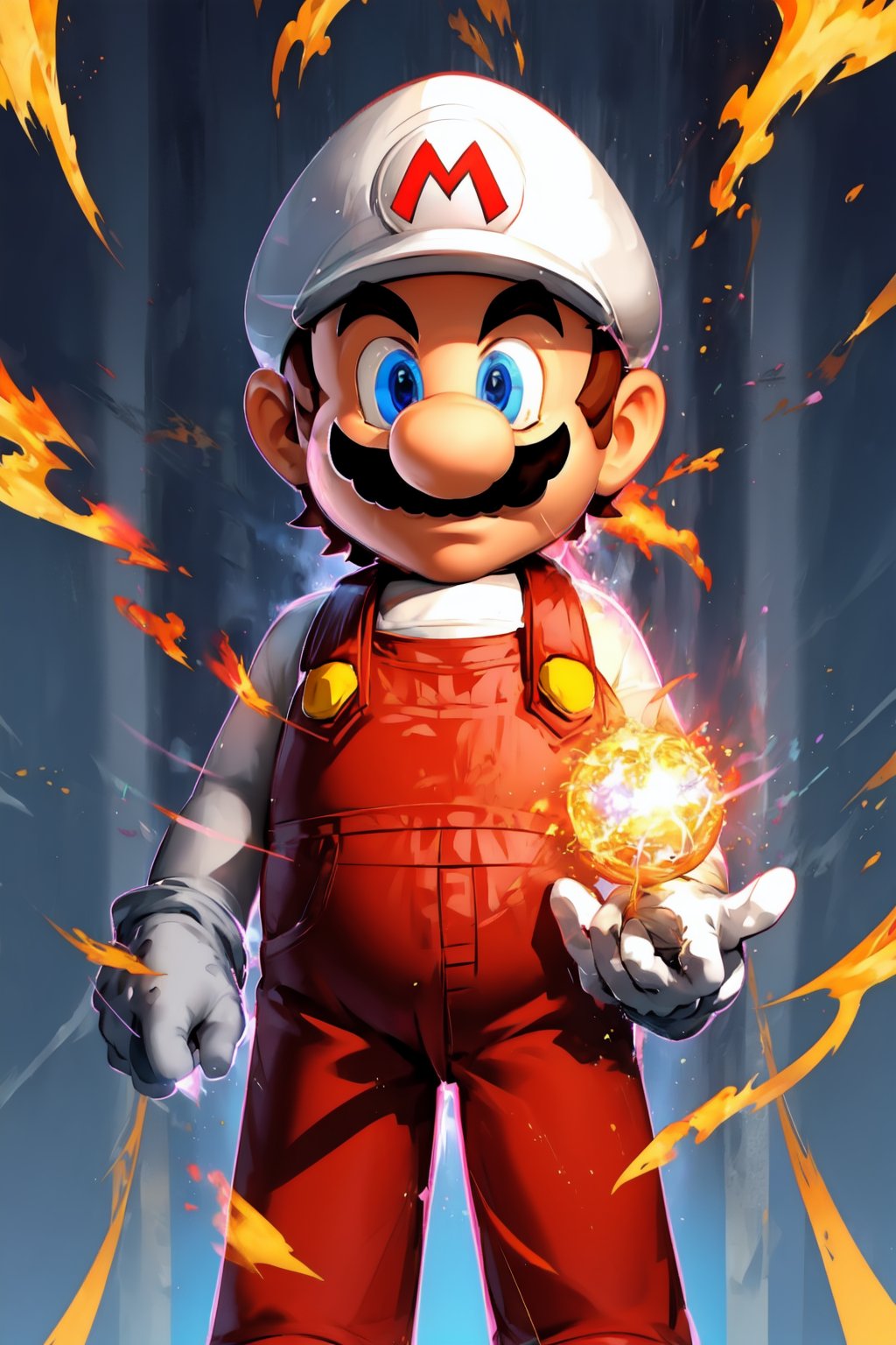 MARifire, brown hair, gloves, 1boy, solo, male focus, hat, facial hair, mustache, overalls, white gloves, blue eyes, upper body,brown hair,dokansyle, aura, light particles, electricity