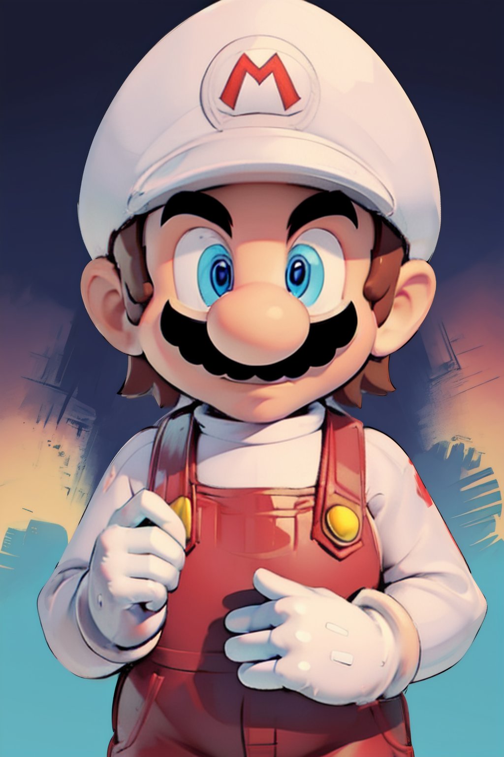 MARifire,SamDosClone, brown hair, gloves, 1boy, solo, male focus, hat, facial hair, mustache, overalls, white gloves, blue eyes, upper body