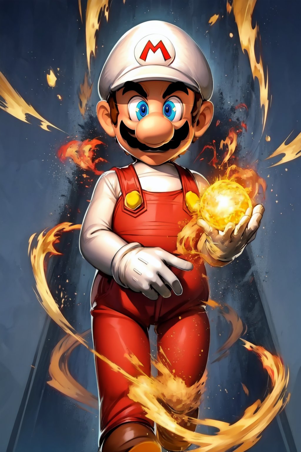 MARifire, brown hair, gloves, 1boy, solo, male focus, hat, facial hair, mustache, overalls, white gloves, blue eyes, upper body,brown hair,dokansyle, aura, light particles, electricity