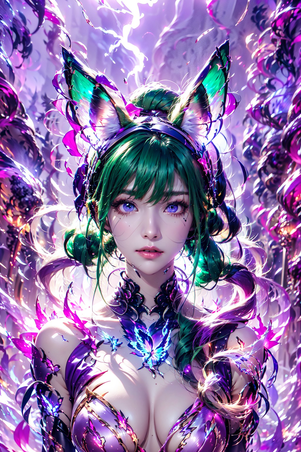 Fujifilm,  ((ice rain)), ((fox ears)), ((funning)), {beautiful and detailed eyes},  upper body,  natural and soft light,  delicate facial features,  ((lightning butterfly)),  ((moonlight)),  ((holy light)). ((green fire)), ((purple lightning)), (28yo),<lora:EMS-287270-EMS:1.000000>