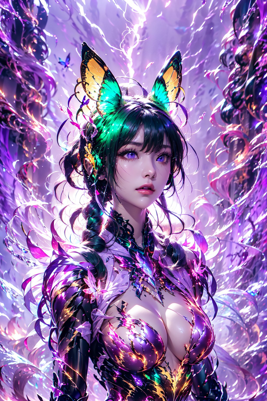 Fujifilm,  ((ice rain)), ((fox ears)), ((funning)), {beautiful and detailed eyes},  upper body,  natural and soft light,  delicate facial features,  ((lightning butterfly)),  ((moonlight)),  ((holy light)). ((green fire)), ((purple lightning)), (28yo),<lora:EMS-287270-EMS:1.000000>