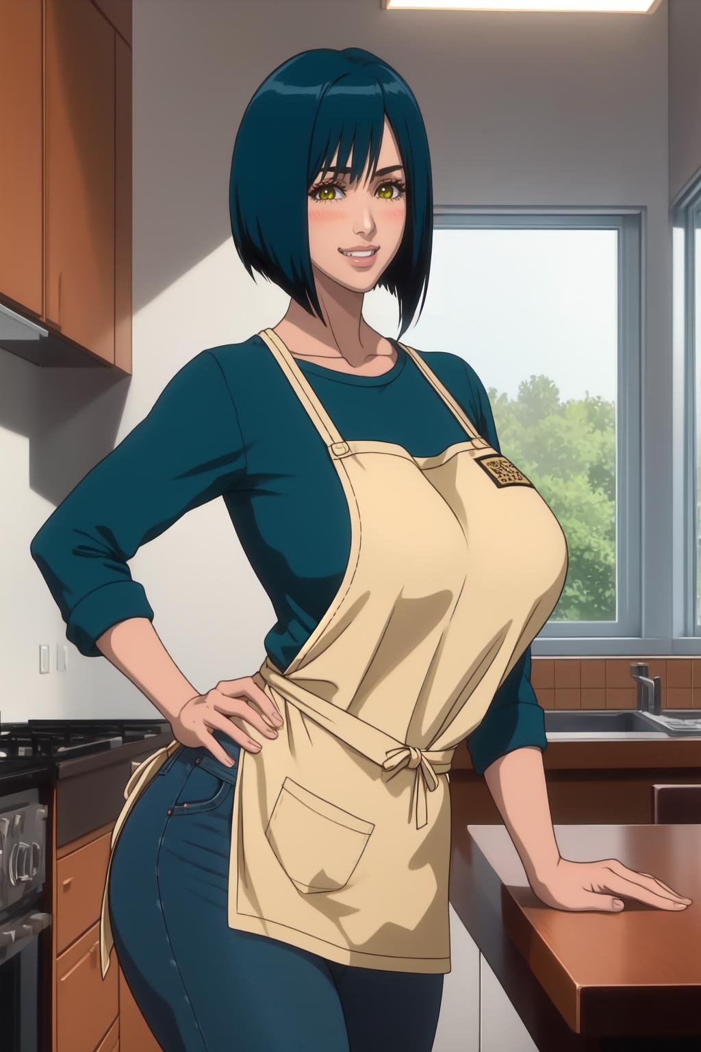 highres, high quality, masterpiece, intricate details, cinematic lighting,NikaidoManami, 1girl. standing, leaning forward, leaning on table,  hand on hip, looking at viewer, blush, teeth, smile, happy,black hair, blue hair, short hair, bob cut,  yellow eyes,apron,checkered shirt, green shirt, jeans,curvy,  large breasts,indoors, room, table, window,<lora:NikaidoManami:1>