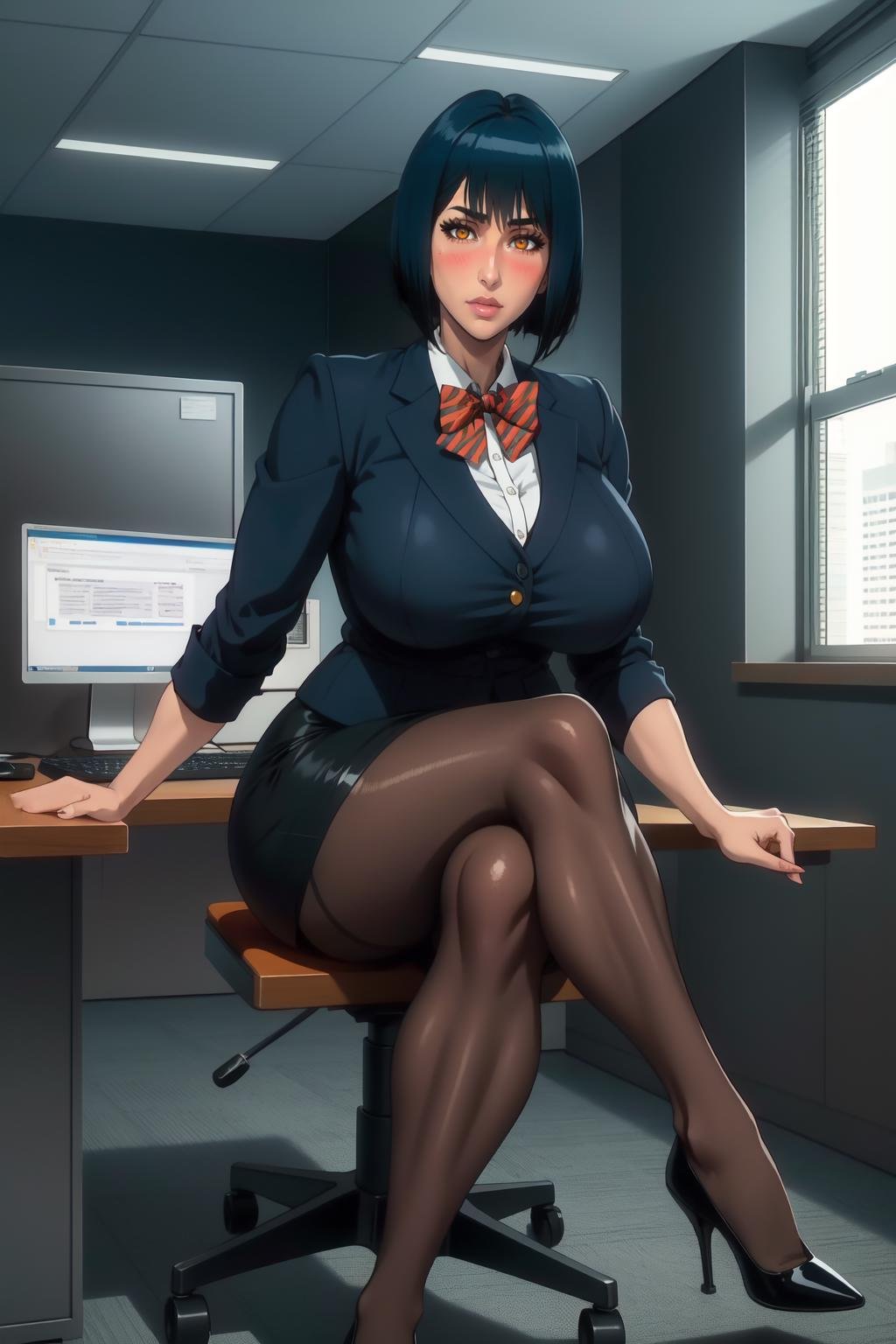 highres, high quality, masterpiece, intricate details, cinematic lighting,NikaidoManami, 1girl,  full body, sitting, sitting on chair, (crossed legs:1.1), office chair, office lady,  (hand on table:1), looking at looking at viewer, blush, determined, yellow eyes, black hair, blue hair, short hair, bob cut,  skirt suit, pencil skirt, miniskirt, high heels, pantyhose, bowtie, curvy,  large breasts, thighs,indoors, office, table, computer,  window, day,<lora:NikaidoManami:0.95>