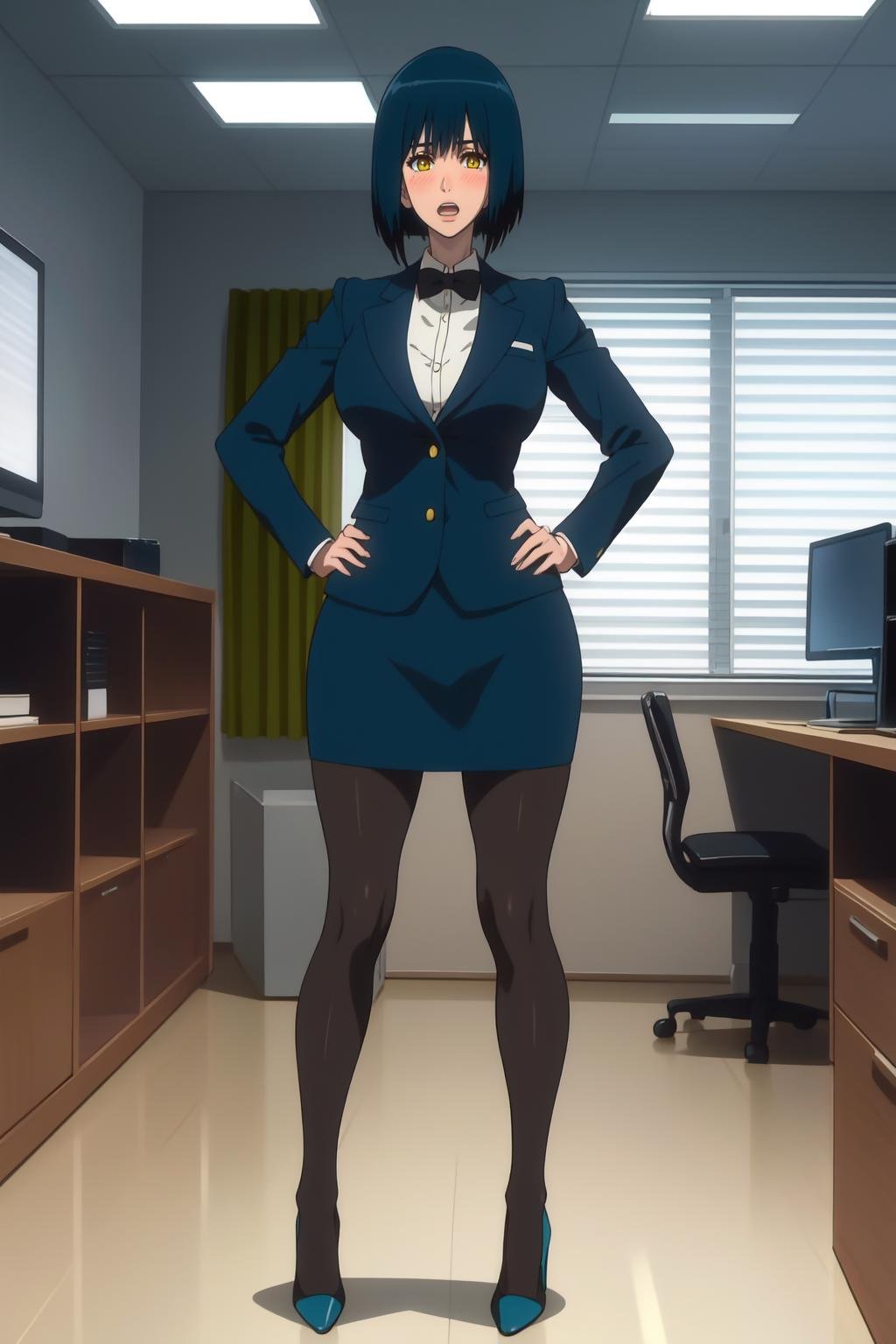 highres, high quality, masterpiece, intricate details, cinematic lighting,NikaidoManami, 1girl. standing, full body, legs apart, hands on hips, looking black, blush, open mouth,black hair, blue hair, short hair, bob cut,  yellow eyes,grey skirt suit, high heels, pantyhose,curvy,  large breasts, thighs,indoors, office, table, computer,  window, day,<lora:NikaidoManami:0.95>