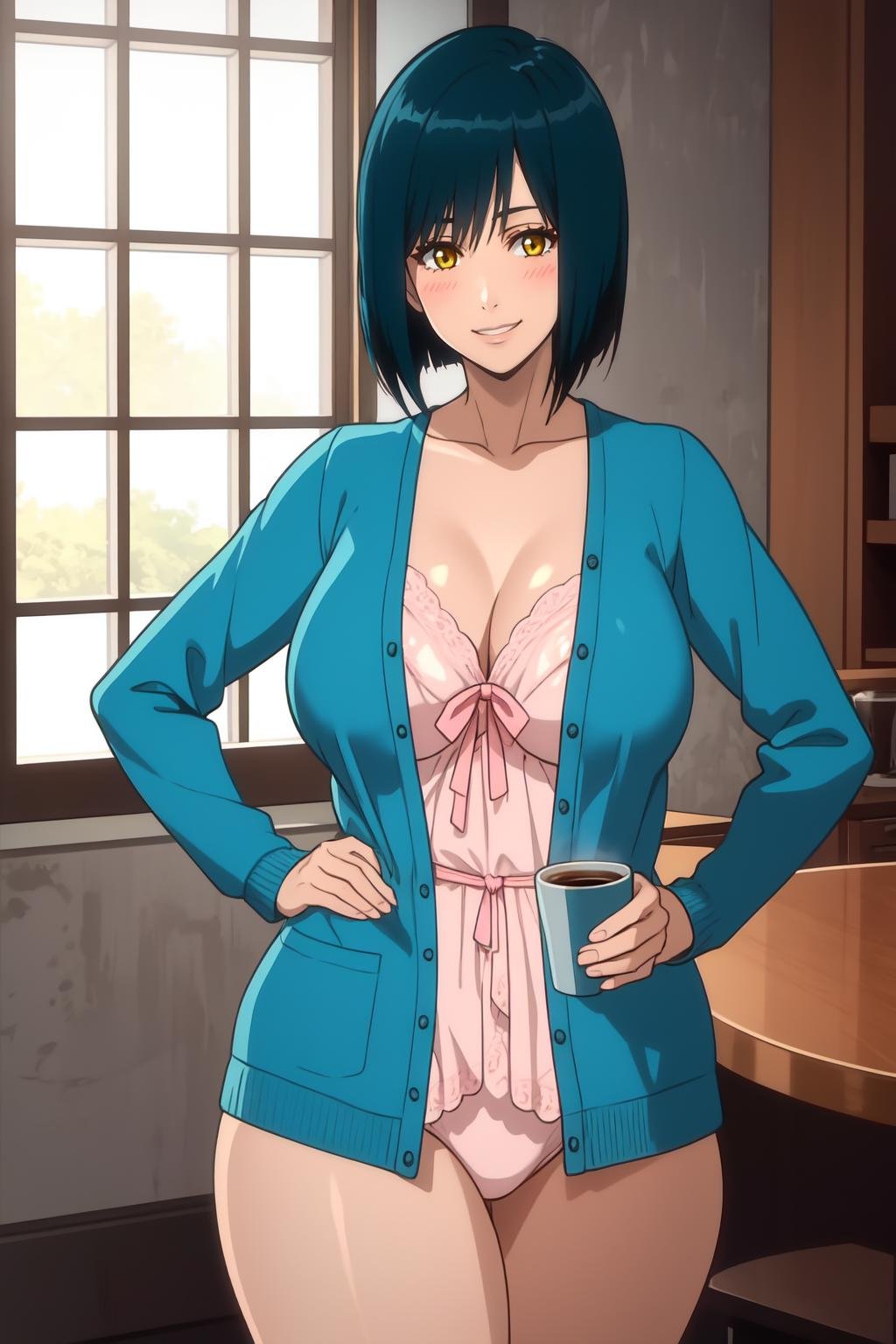 highres, high quality, masterpiece, intricate details, cinematic lighting,NikaidoManami, 1girl, standing, hand on hip, cowboy shot, holding cup, coffee, looking at viewer, blush, smile, teeth, yellow eyes, black hair, blue hair, short hair, bob cut,  blue cardigan, open clothes, (pink negligee:1.1), curvy,  large breasts, thighs, (covered nipples:1.1), bottomless,room, window,<lora:NikaidoManami:0.9>