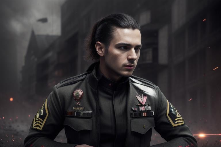 (Gorgeous Photo:1.3) of (Ultra detailed:1.3) ,Darek Tomczuk,Waist high Portrait of  male cyborg, black long government grey uniform, government, evil eyes,  perfect anatomy,, one black rose in hair,sci-fi, aura, realistic, stunning realistic photograph, airy decorated black jacket,  (battlefield in the background:1.4),<lora:zeekars:0.4>  <lora:dungeon_v2.0:0.4> (intricate details, hyperdetailed:1.15), hdr,uhd,16k, 16k textures, dlsr, red light, warning light, hurry