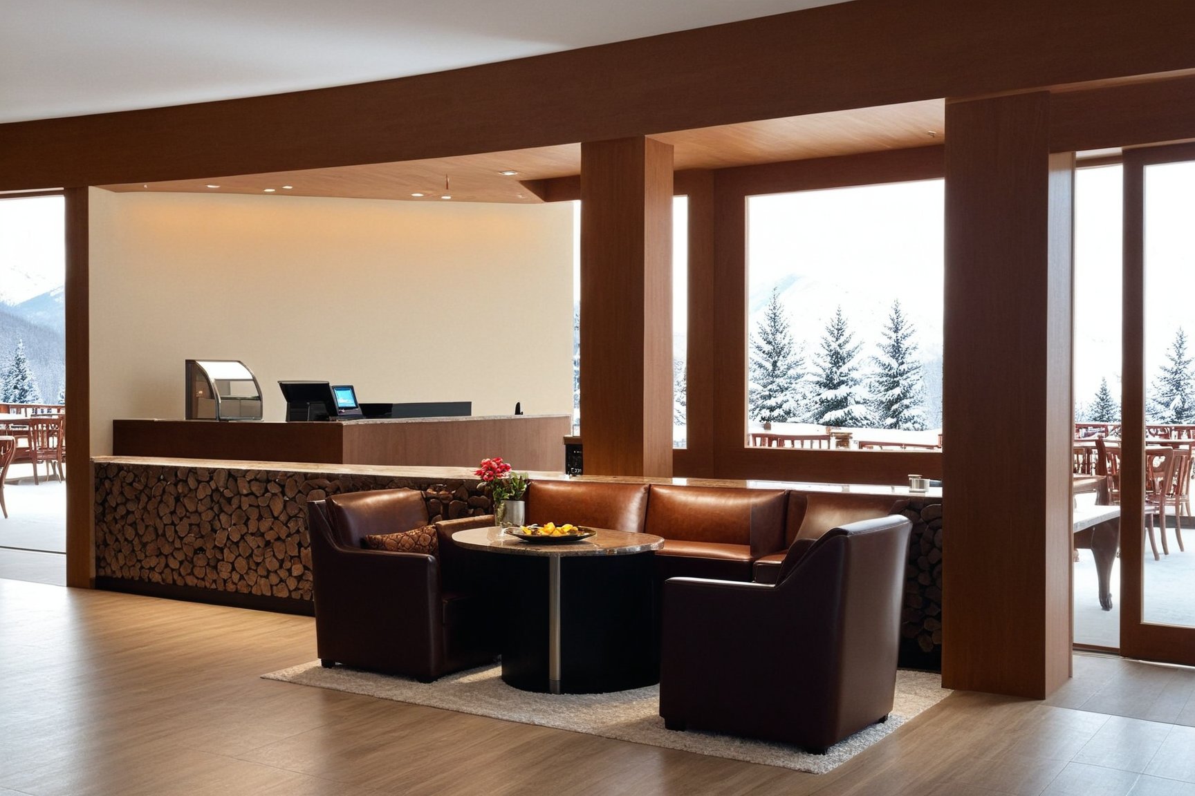 ((Hyper-Realistic)) photo of a lobby of winter resort center,indoors,registration counter,table,couch,one end connected to open restaurant,black and brown color
BREAK
aesthetic,rule of thirds,depth of perspective,studio photo,trending on artstation,(wide shot),(Hyper-realistic photography,masterpiece,ultra-detailed,intricate details,16K,sharp focus,high contrast,kodachrome 800,HDR:1.2),real_booster,ani_booster,w1nter res0rt, art_booster,H effect,more detail XL,art_booster