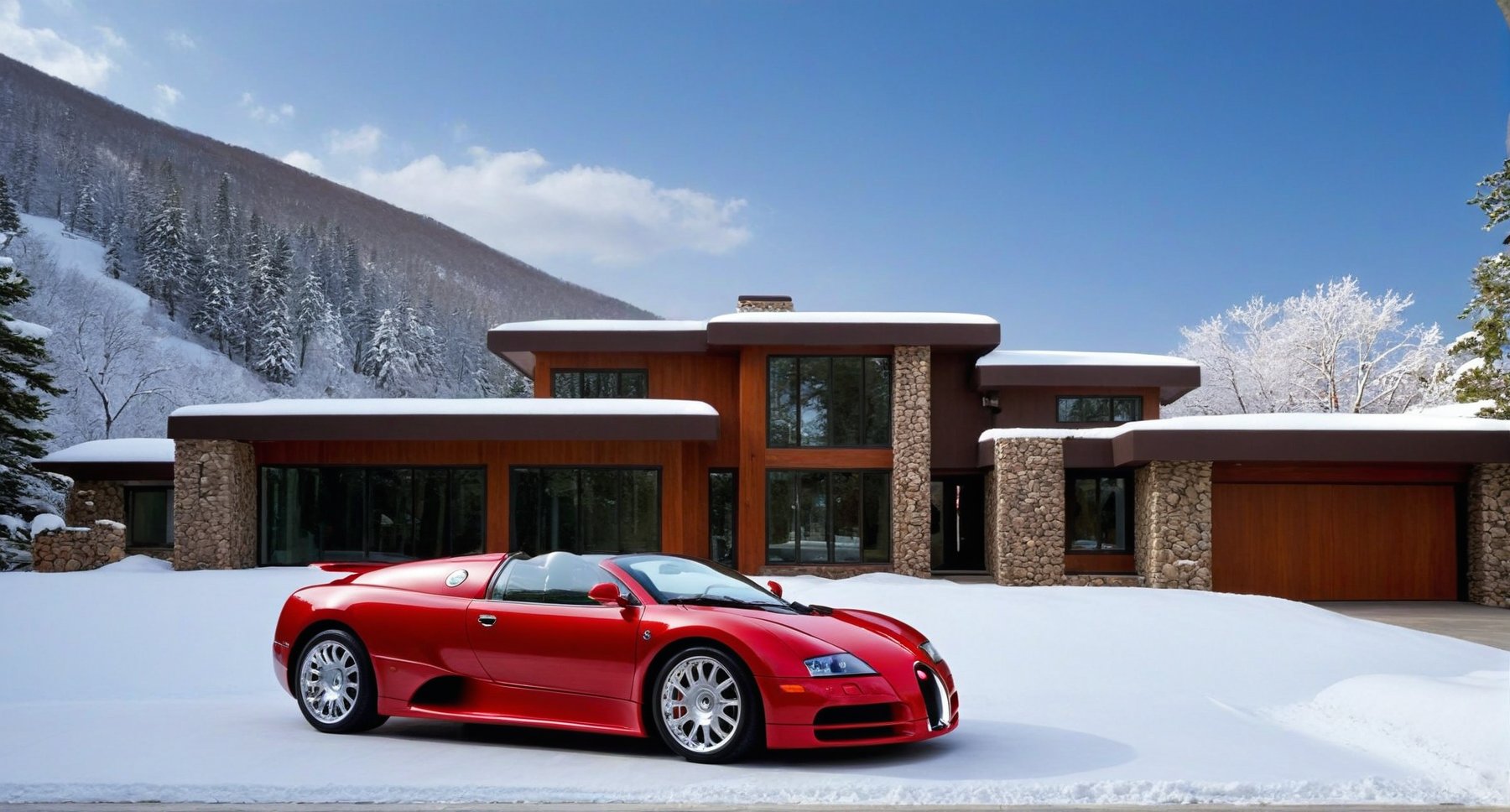 CAR: ((Hyper-Realistic)) photo of a red Bugatti EB 218 \(1999 Bugatti EB 218 designed by Giorgetto Giugiaro\) parked on the backdrop of resort house,Front view,well-lit,(dark silver body color:1.2),silver and black stylish alloy wheels
BREAK
HOUSE: modern resort house,very sophisticated and stylish mountain home,contemporary design,luxurious, windows,snow,snowing, street,trees,mid-size house,(delightful front porch,tall multi-pane windows,wall cladding with accents of dark brown veneer stones and steel battens combined to create a spectacular exterior of the house)
BREAK
IMAGE QUALITY: aesthetic,rule of thirds,depth of perspective,perfect composition,studio photo,trending on artstation,cinematic lighting,(Hyper-realistic photography,masterpiece,photorealistic,ultra-detailed,intricate details,16K,sharp focus,high contrast,kodachrome 800,HDR:1.2),(shot on Canon EOS 5D,eye level,soft diffused lighting,vignette,highest quality,original shot:1.2),by Karol Bak,Gustav Klimt,Easton Chang and Hayao Miyazaki,
real_booster,ani_booster,w1nter res0rt,art_booster,H effect,(car and [house] focus:1.2),Extremely Realistic