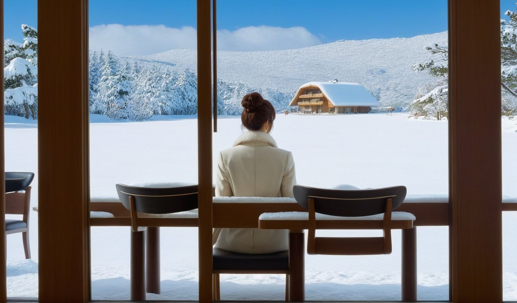 ((Hyper-Realistic)) photo of a beautiful girl standing in restaurant of resort center,indoors,20yo,kusanagi motoko,detailed exquisite face,detailed soft skin,perfect female form,model body,coat and skirt,
modern style restaurant,tables,chairs,window,snow,trees
BREAK
aesthetic,rule of thirds,depth of perspective,studio photo,trending on artstation,(fullbody wideshot),(girl and cabin and SUV focus:1.2),(Hyper-realistic photography,masterpiece,ultra-detailed,intricate details,16K,sharp focus,high contrast,kodachrome 800,HDR:1.2),by Karol Bak,Gustav Klimt and Hayao Miyazaki,
real_booster,ani_booster,w1nter res0rt,art_booster