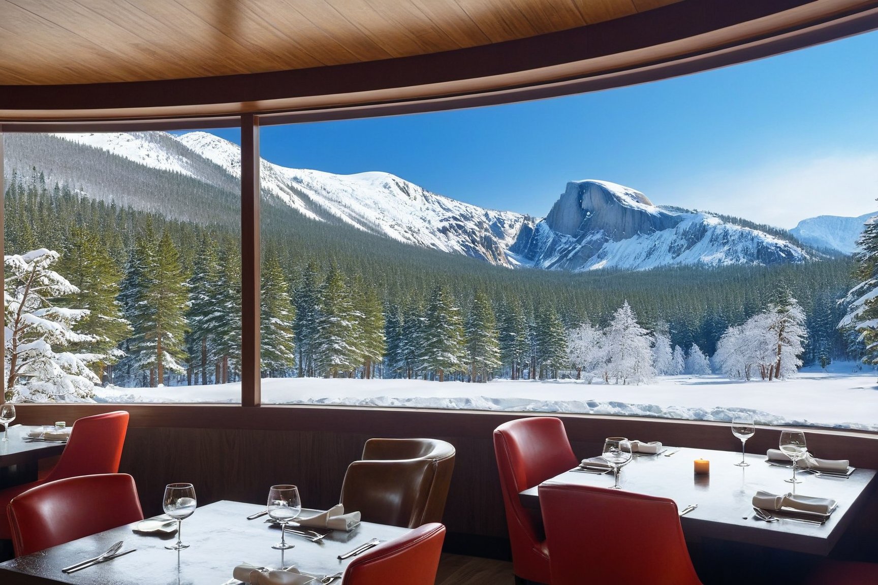 ((Hyper-Realistic)) photo of a modern stylish restaurant of resort center,indoors,modern style restaurant,window,snow,tree,(fantastic view of national park over restaurant windows,high-rise rock,snow forest,frozen river,trees,yva11ey1),
aesthetic,rule of thirds,depth of perspective,studio photo,trending on artstation,(wide shot),(Hyper-realistic photography,masterpiece,ultra-detailed,intricate details,16K,sharp focus,high contrast,kodachrome 800,HDR:1.2),
real_booster,ani_booster,w1nter res0rt,art_booster,H effect,y0sem1te